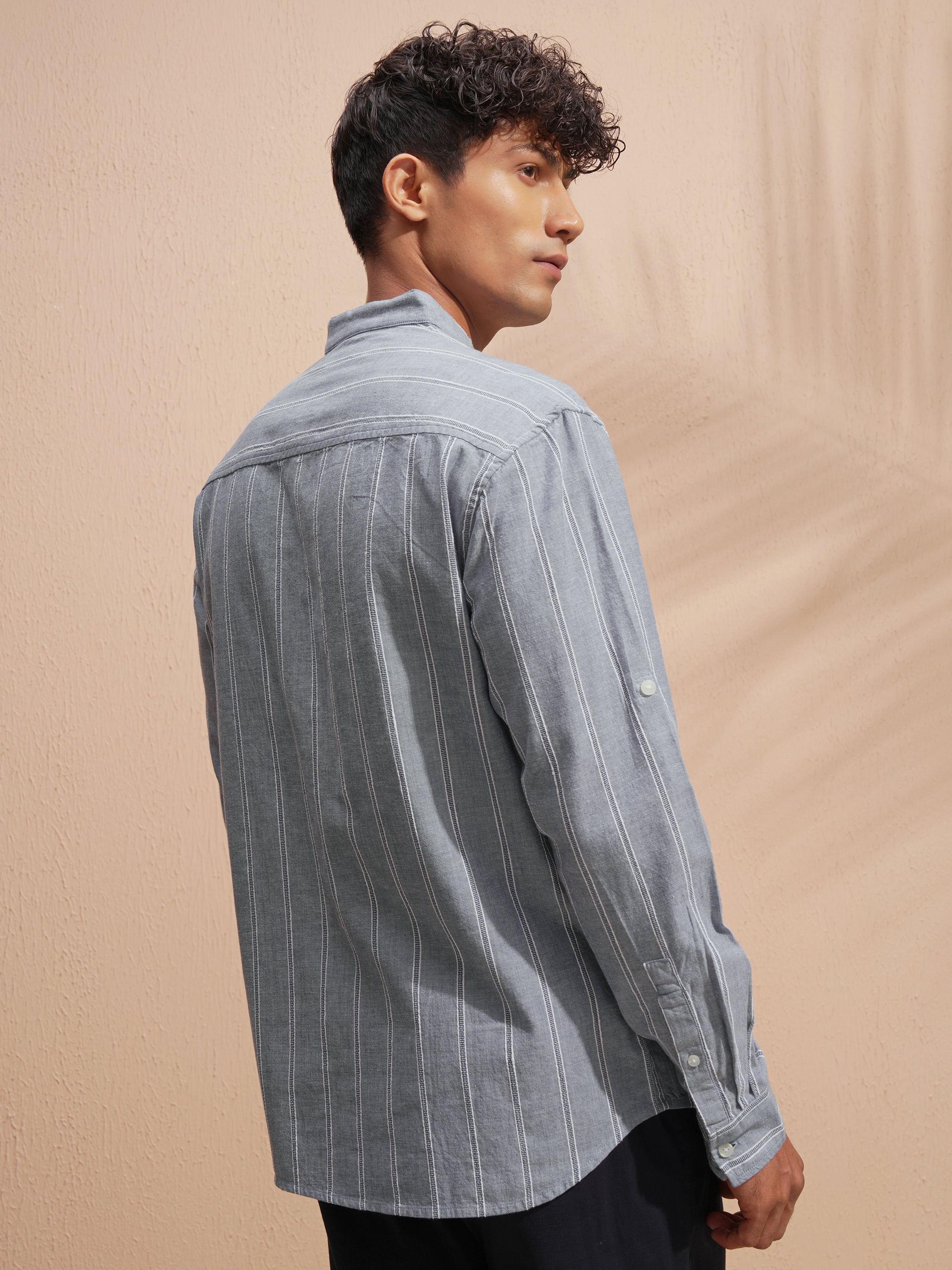 Highlander Men Grey Striped Relaxed Fit Casual Shirt - Grey - Image 3