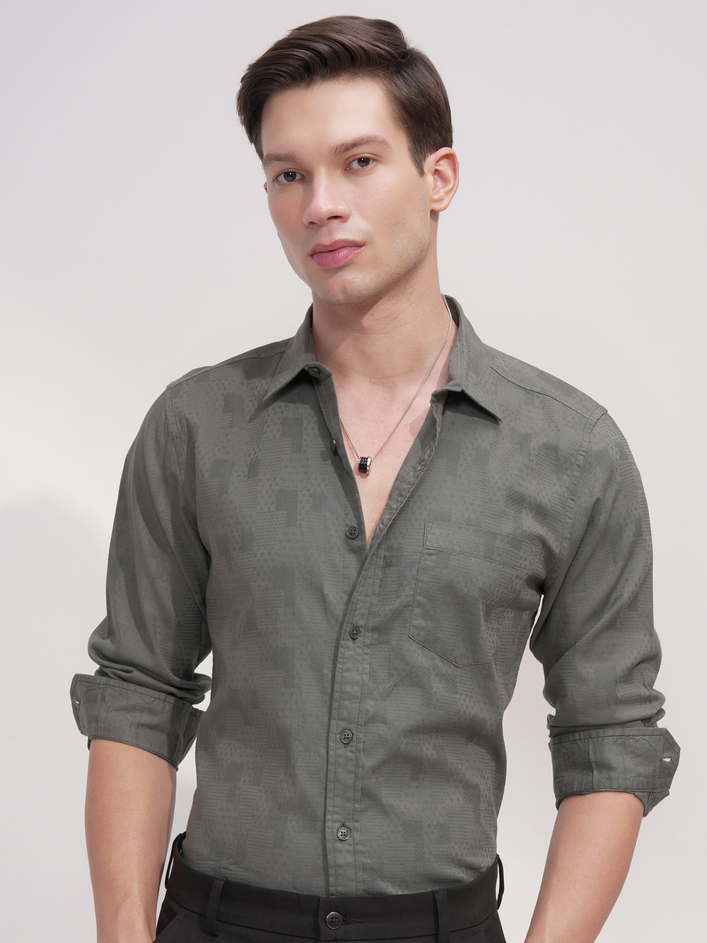 Highlander Men Green Self Design Slim Fit Casual Shirt - Green - Image 1