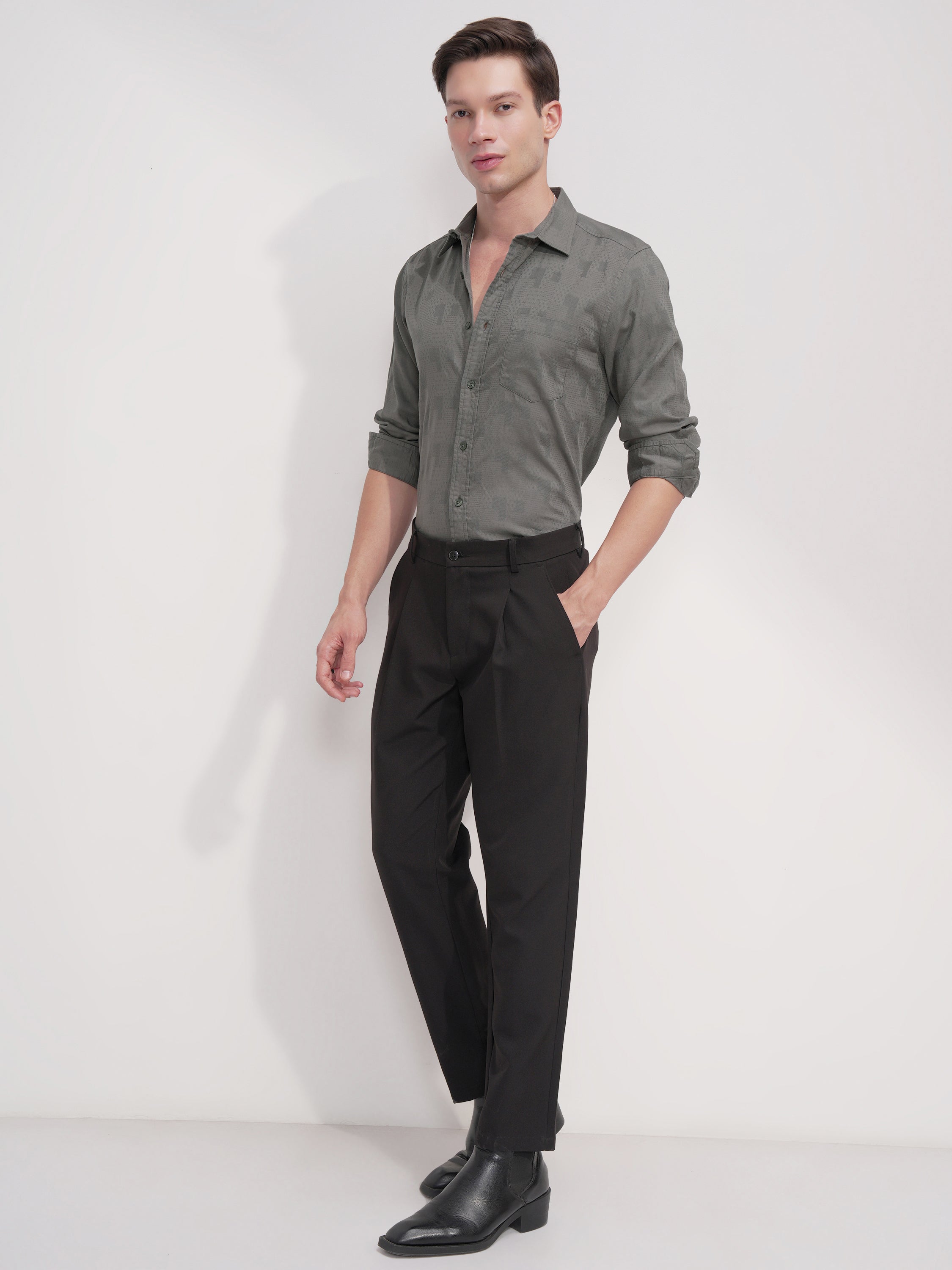 Highlander Men Green Self Design Slim Fit Casual Shirt - Green - Image 2