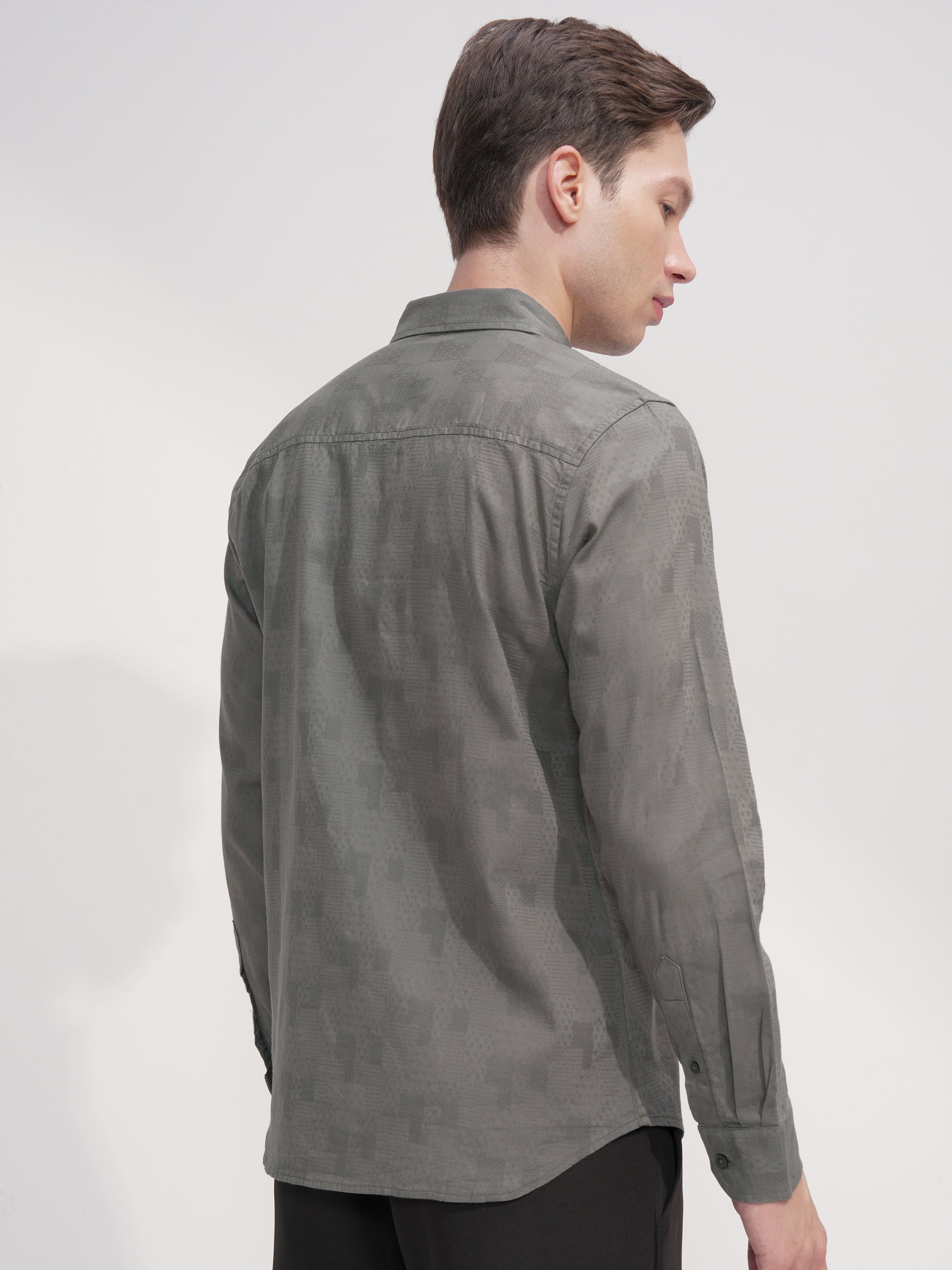 Highlander Men Green Self Design Slim Fit Casual Shirt - Green - Image 3
