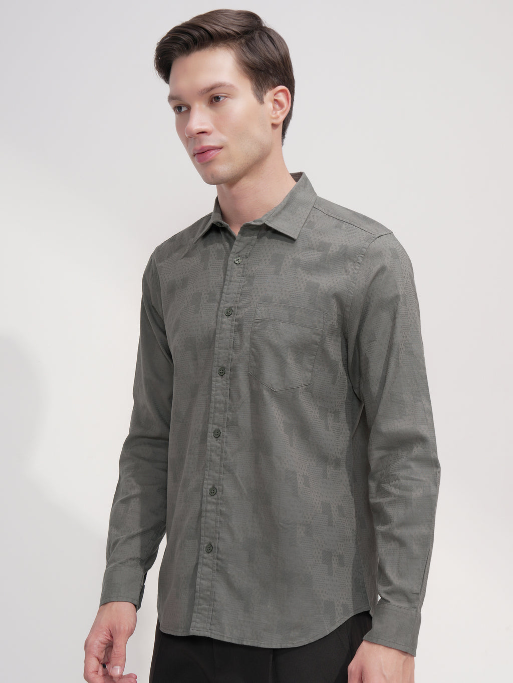 Highlander Men Green Self Design Slim Fit Casual Shirt - Green - Image 4