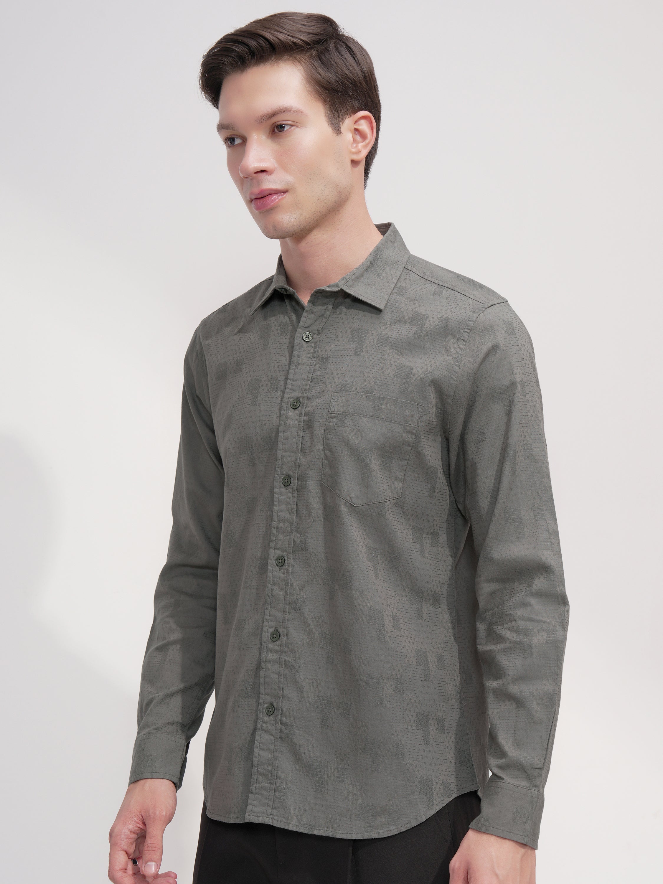 Highlander Men Green Self Design Slim Fit Casual Shirt - Green - Image 4