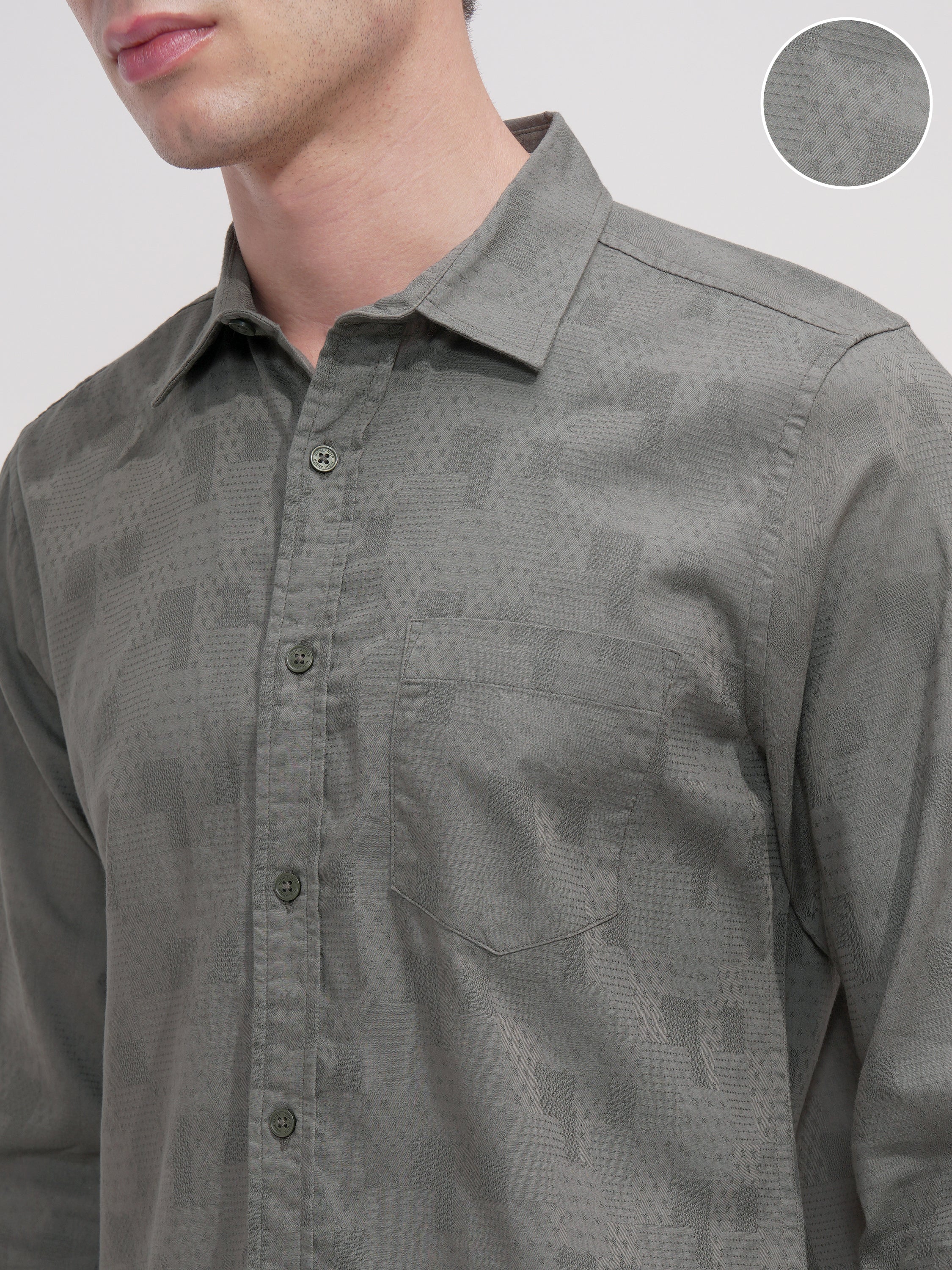 Highlander Men Green Self Design Slim Fit Casual Shirt - Green - Image 5