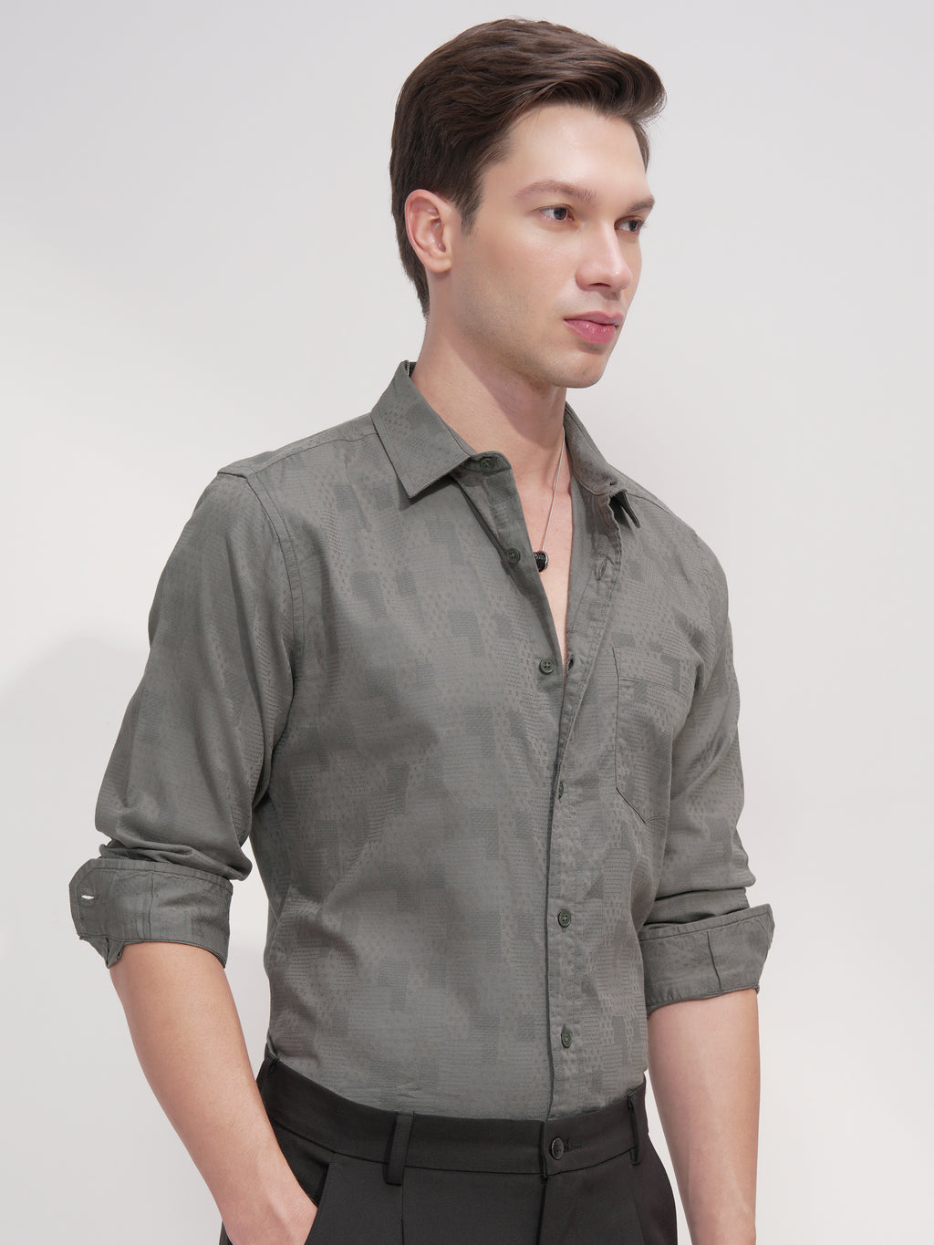 Highlander Men Green Self Design Slim Fit Casual Shirt - Green - Image 6