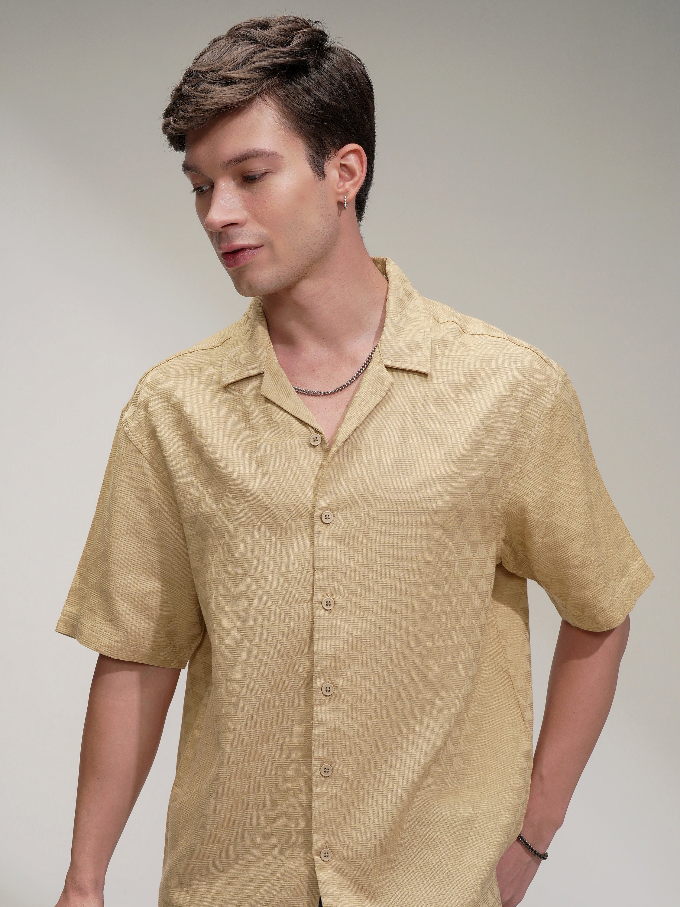 Highlander Men Beige Self Design Oversized Fit Casual Shirt - Beige - Image 1