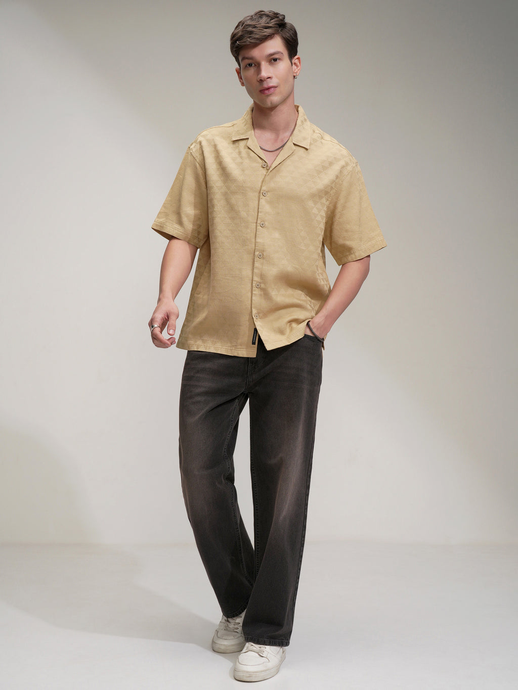 Highlander Men Beige Self Design Oversized Fit Casual Shirt - Beige - Image 2