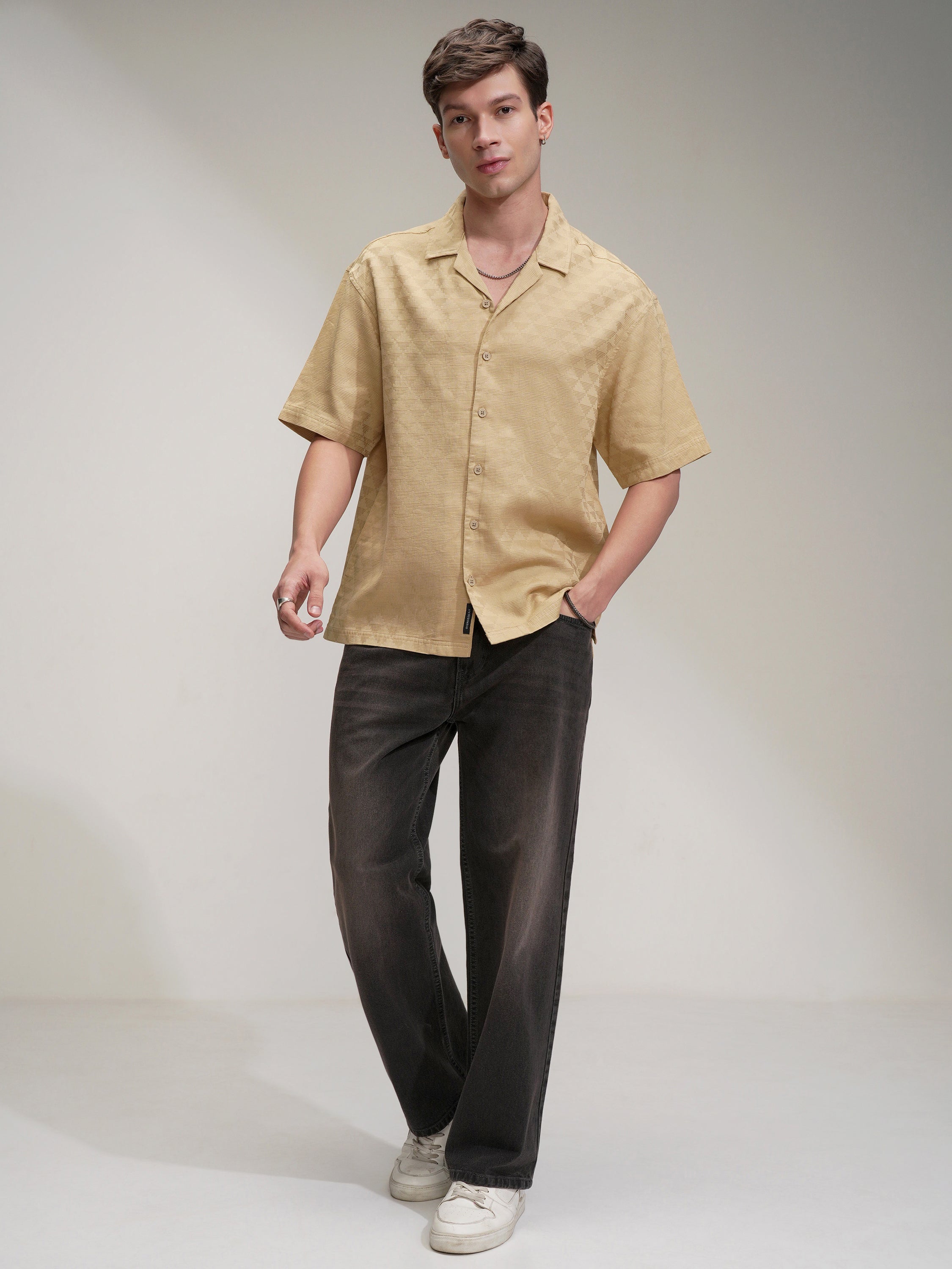 Highlander Men Beige Self Design Oversized Fit Casual Shirt - Beige - Image 2