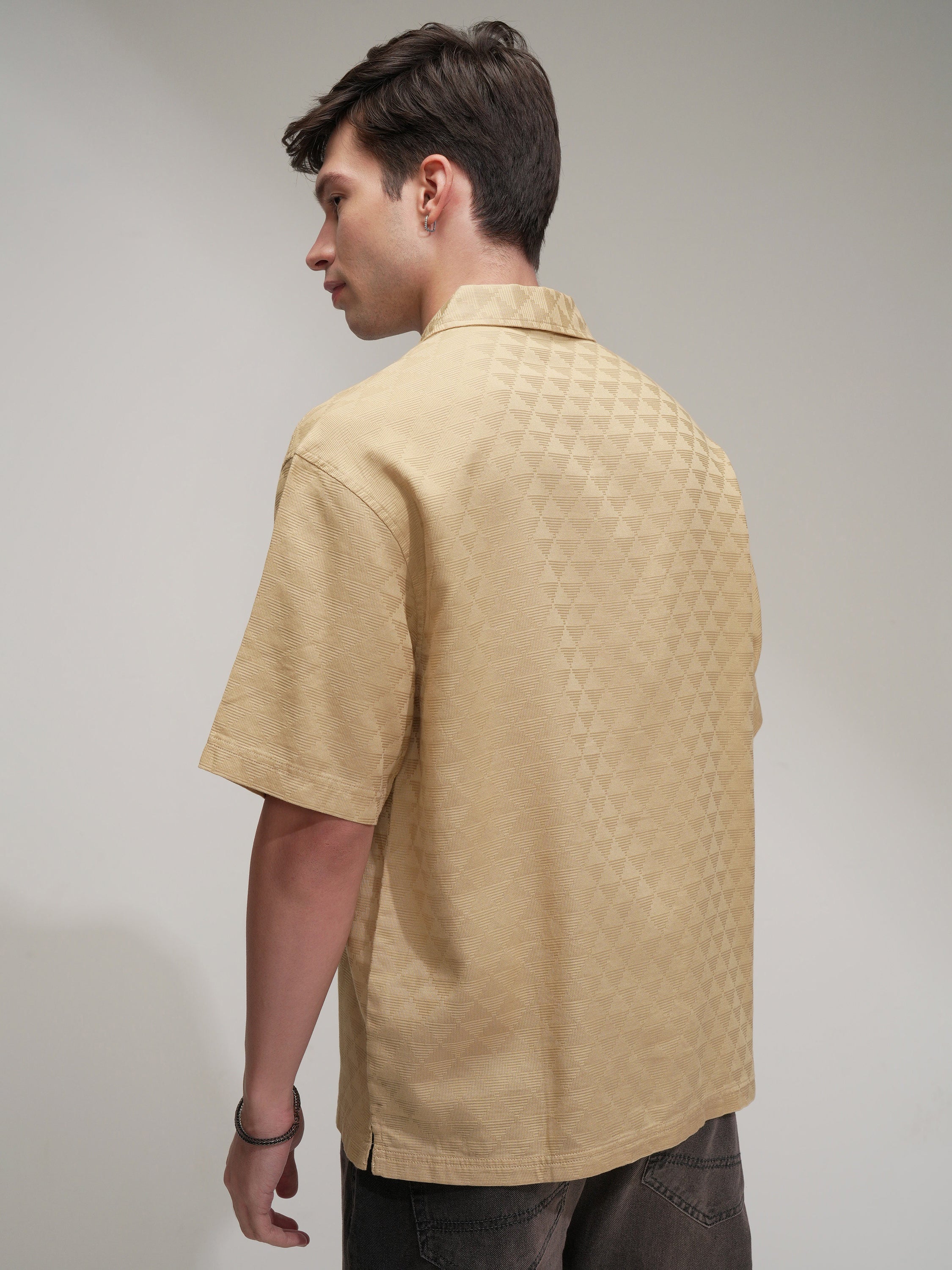 Highlander Men Beige Self Design Oversized Fit Casual Shirt - Beige - Image 3