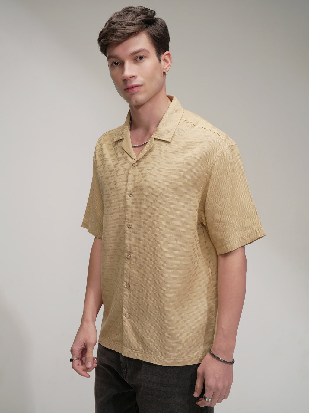 Highlander Men Beige Self Design Oversized Fit Casual Shirt - Beige - Image 4
