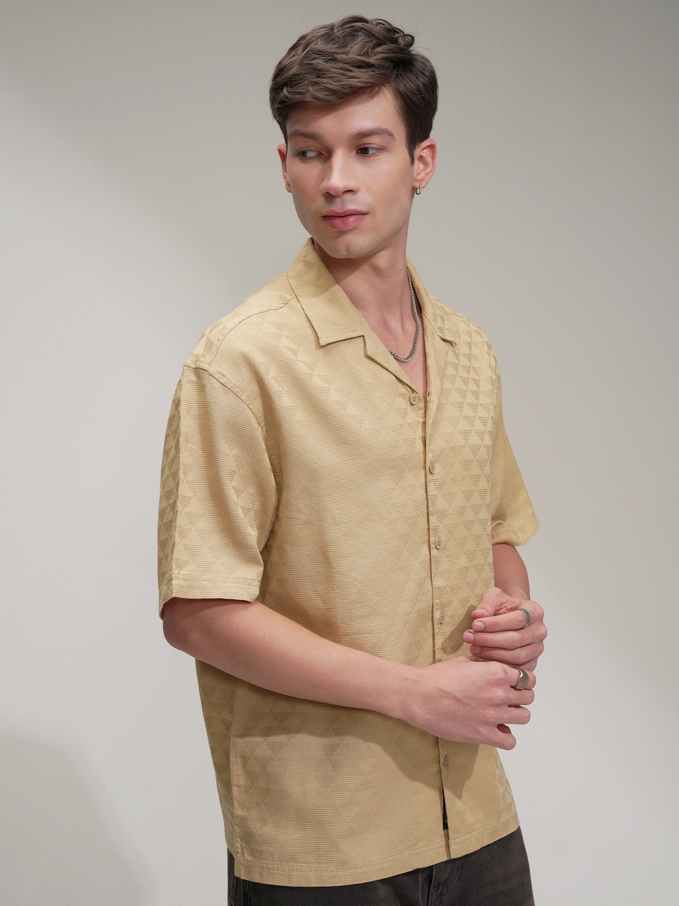 Highlander Men Beige Self Design Oversized Fit Casual Shirt - Beige - Image 6