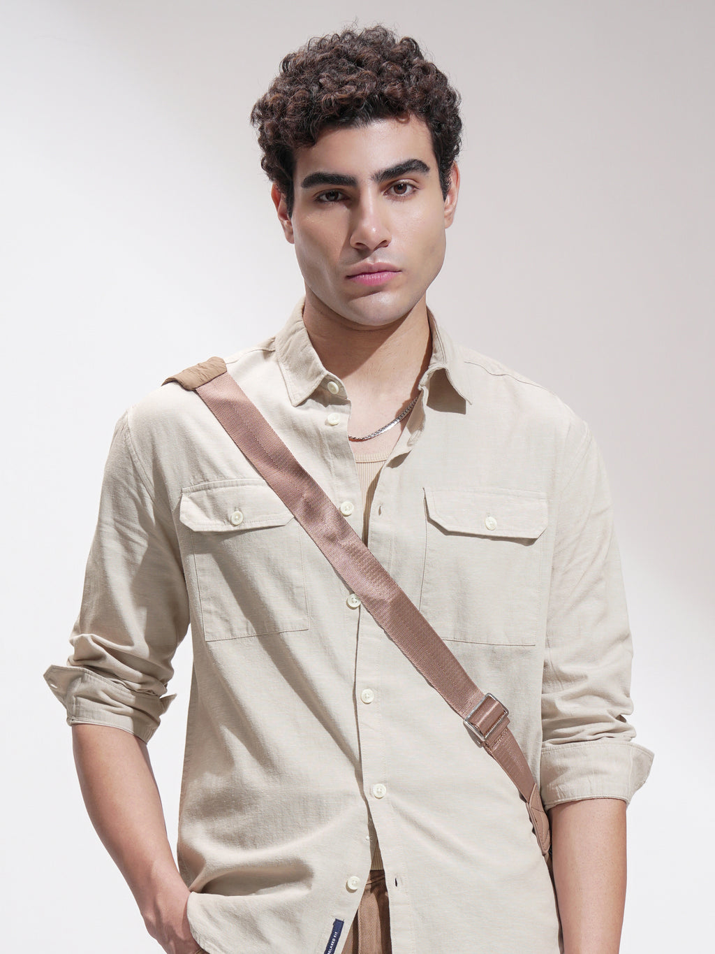 Highlander Men Beige Self Design Relaxed Fit Casual Shirt - Beige - Image 1