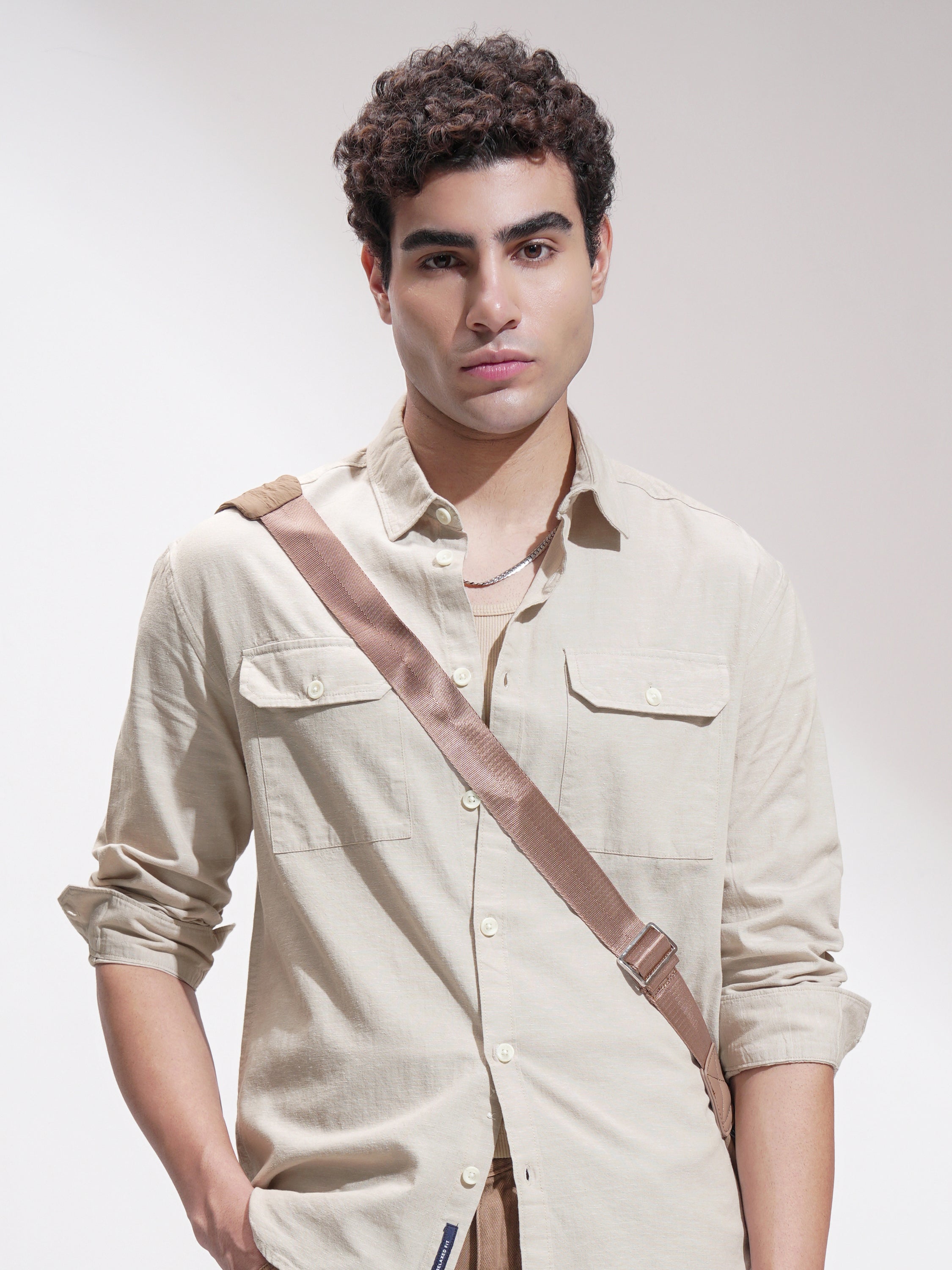 Highlander Men Beige Self Design Relaxed Fit Casual Shirt - Beige - Image 1