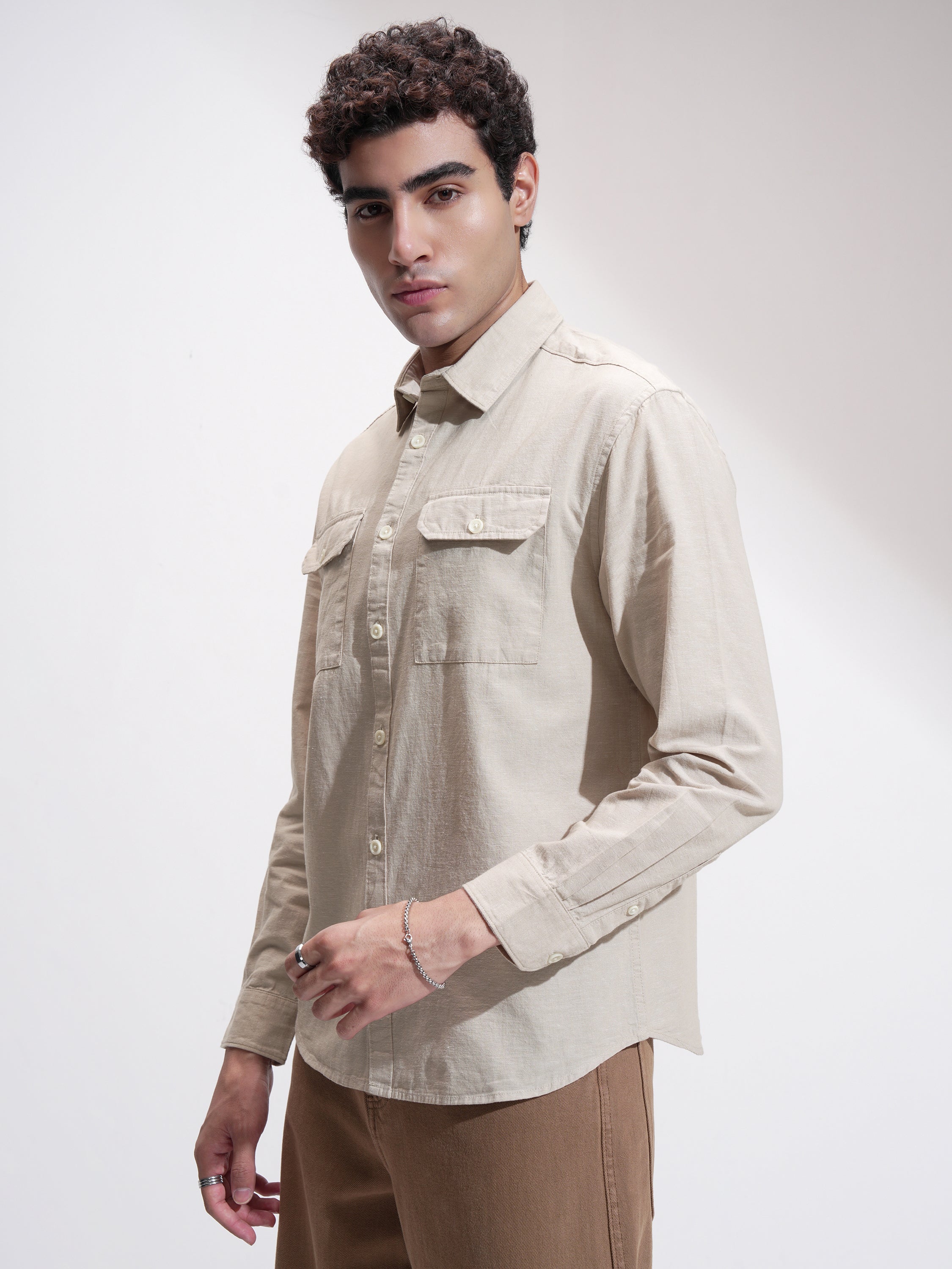 Highlander Men Beige Self Design Relaxed Fit Casual Shirt - Beige - Image 4