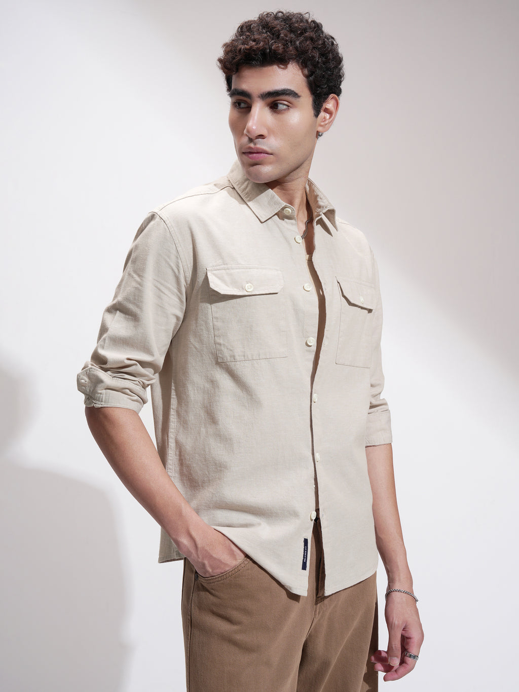 Highlander Men Beige Self Design Relaxed Fit Casual Shirt - Beige - Image 6