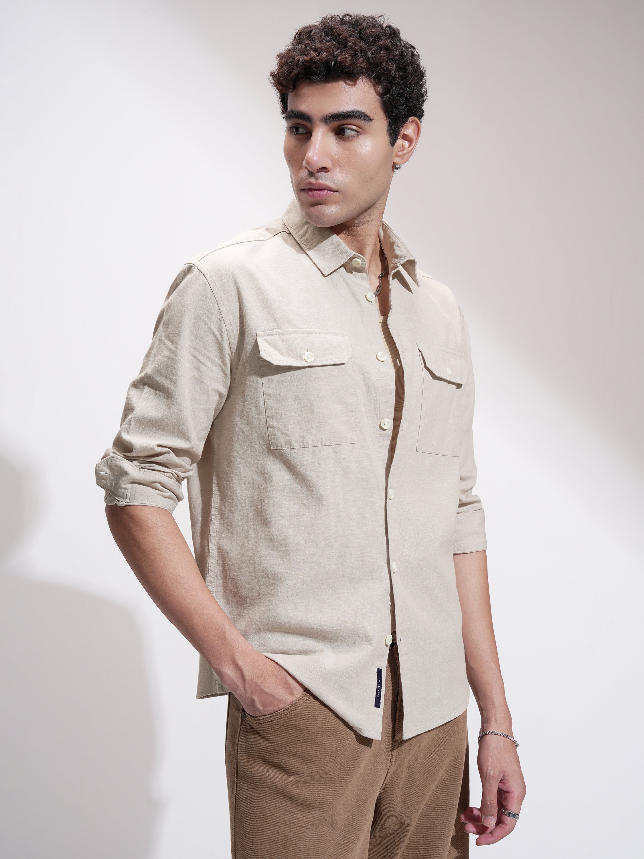 Highlander Men Beige Self Design Relaxed Fit Casual Shirt - Beige - Image 6