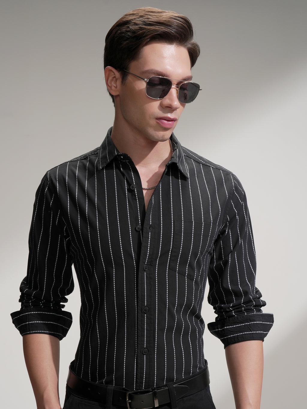 Highlander Men Black Striped Slim Fit Casual Shirt - Black - Image 1