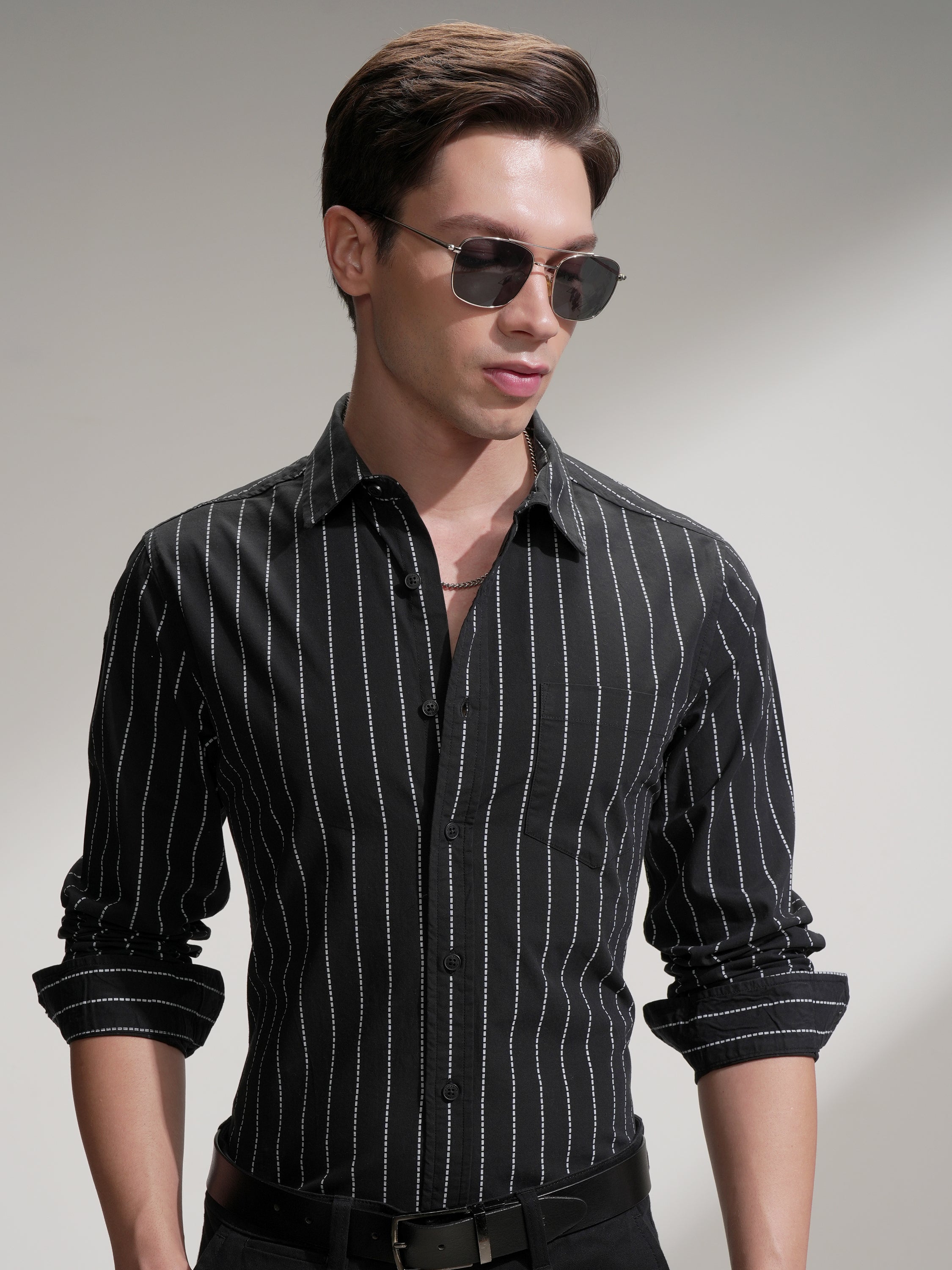 Highlander Men Black Striped Slim Fit Casual Shirt - Black - Image 1