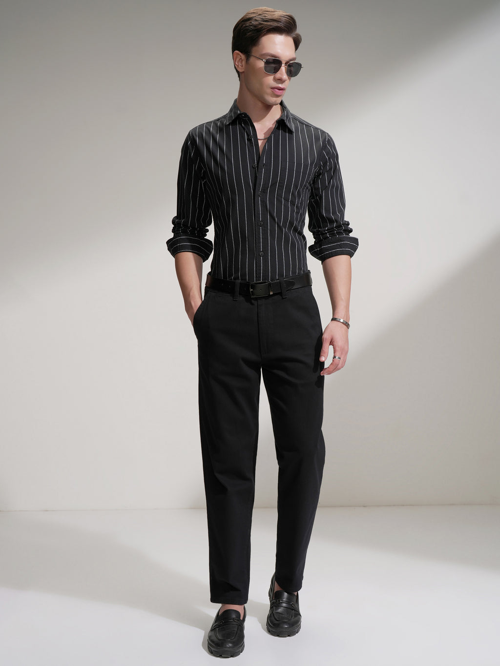 Highlander Men Black Striped Slim Fit Casual Shirt - Black - Image 2