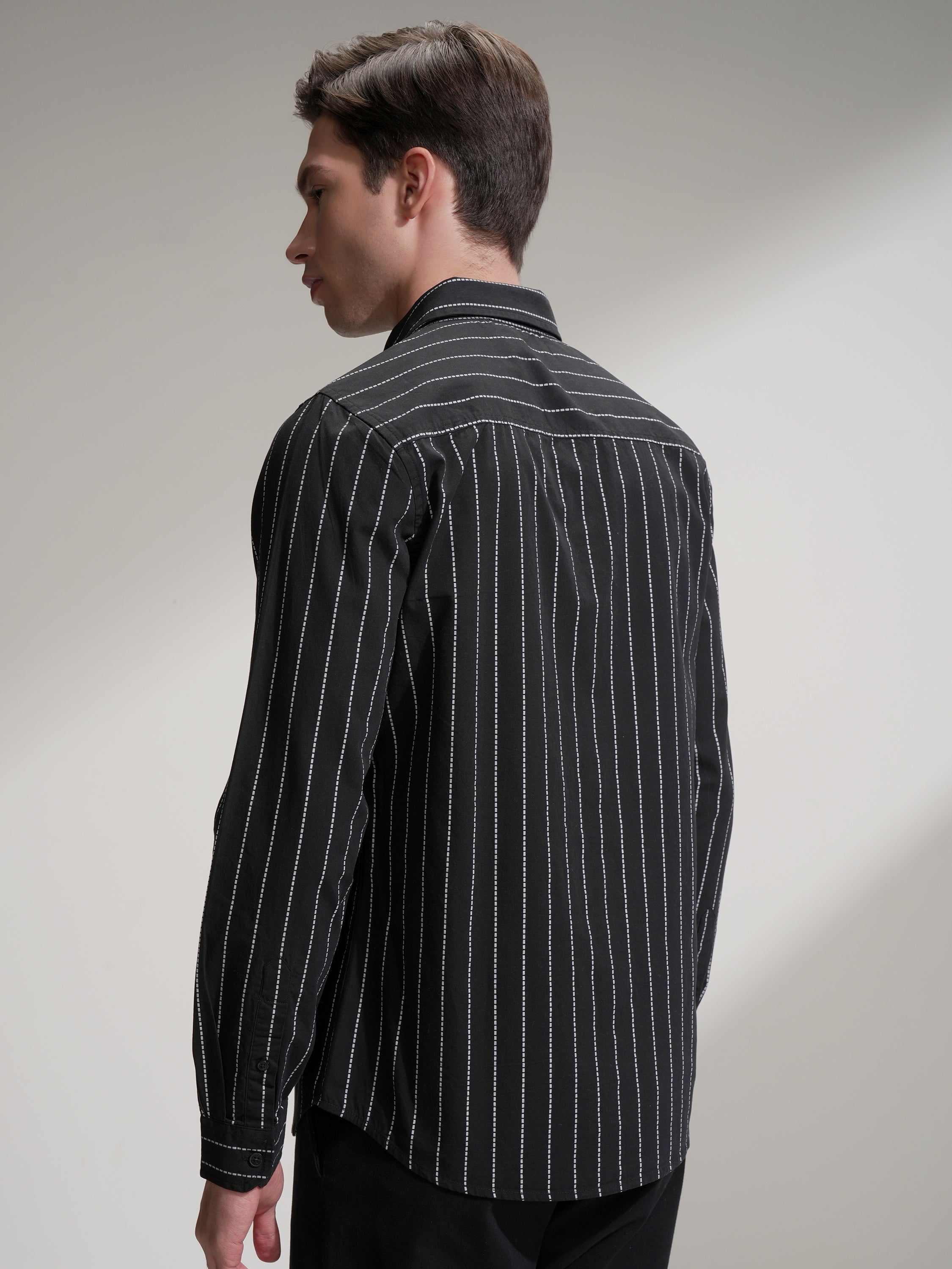 Highlander Men Black Striped Slim Fit Casual Shirt - Black - Image 3