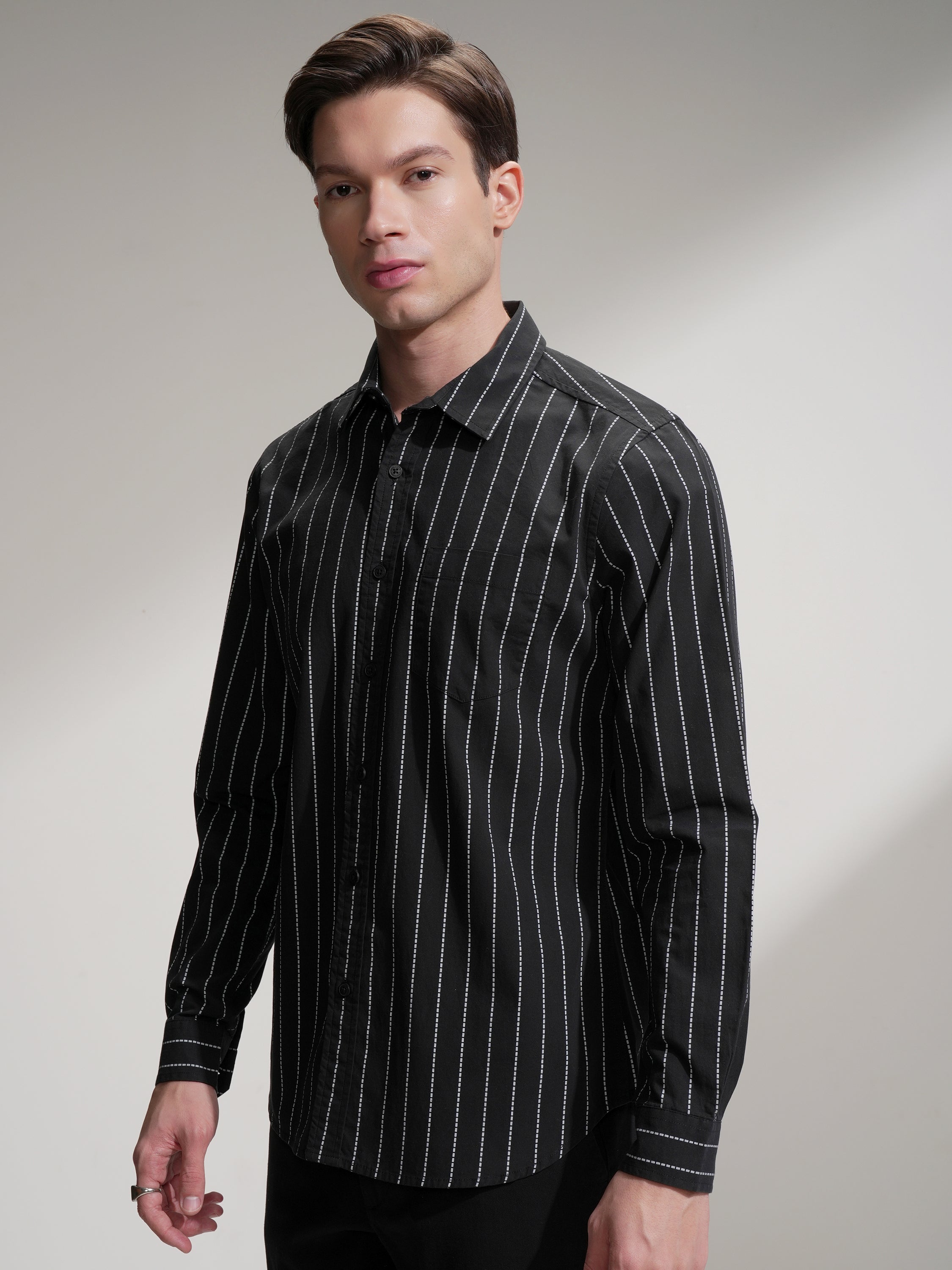 Highlander Men Black Striped Slim Fit Casual Shirt - Black - Image 4