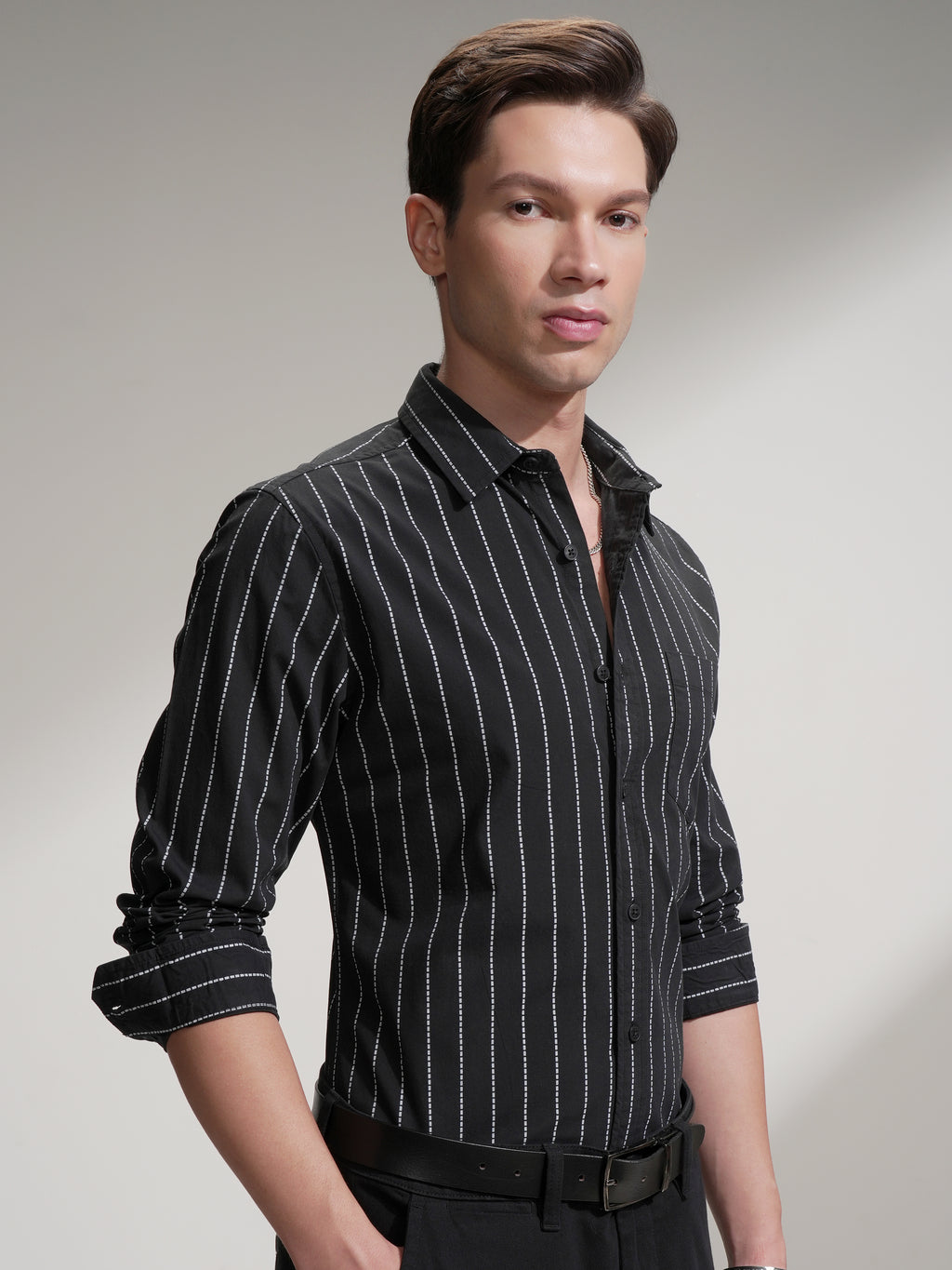 Highlander Men Black Striped Slim Fit Casual Shirt - Black - Image 6