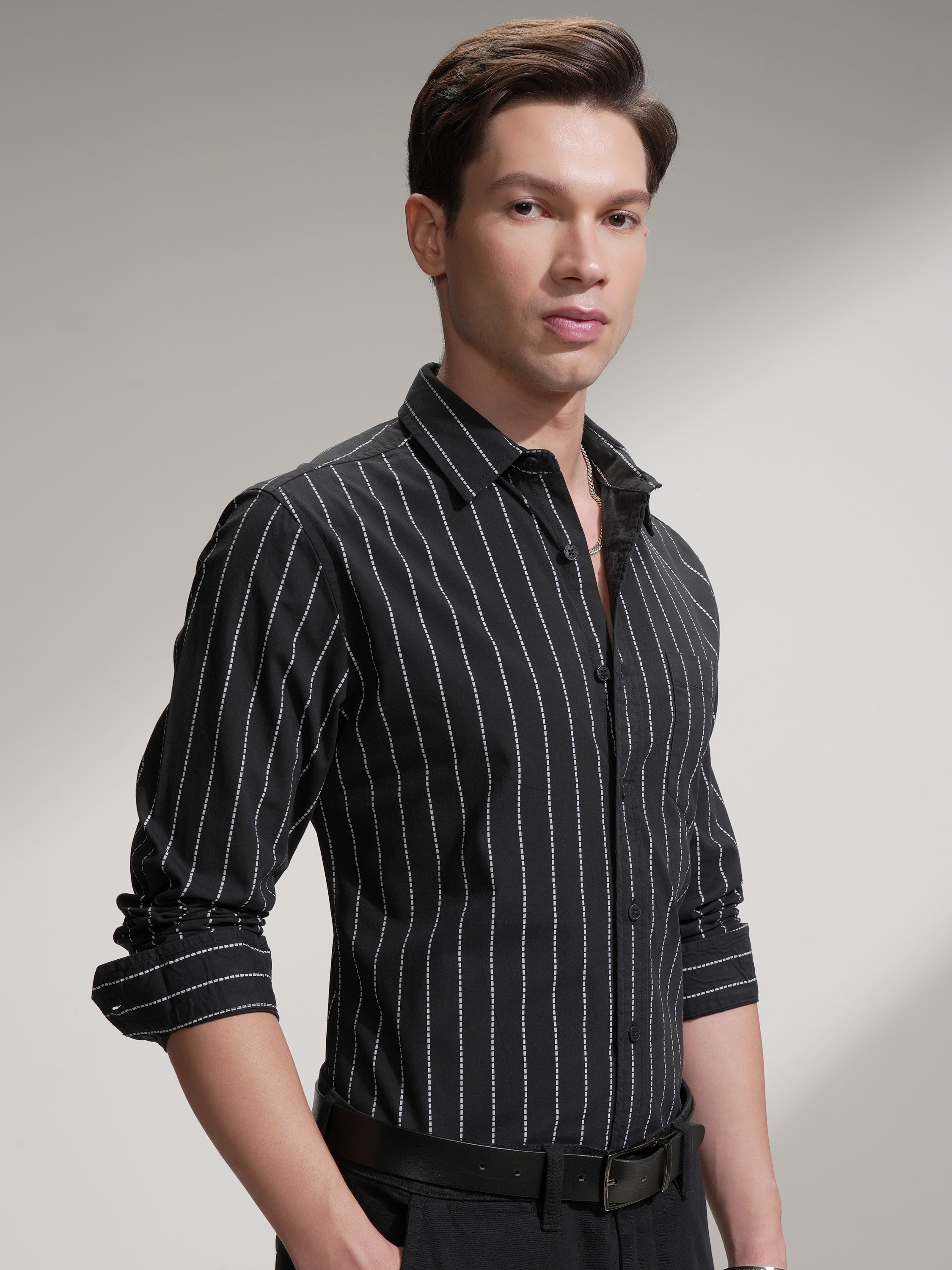Highlander Men Black Striped Slim Fit Casual Shirt - Black - Image 6