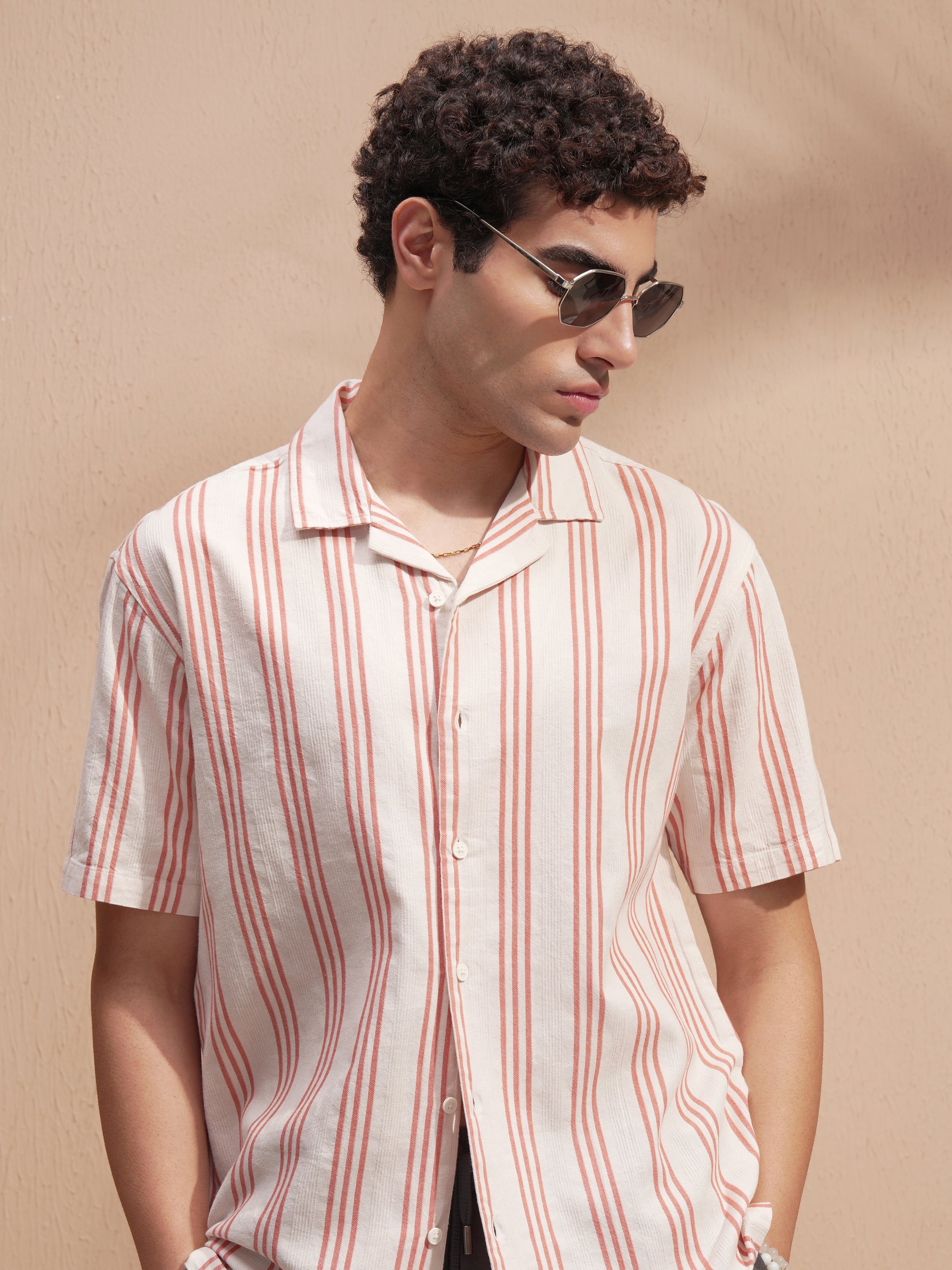 Highlander Men Cream Striped Relaxed Fit Casual Shirt - Cream - Image 1