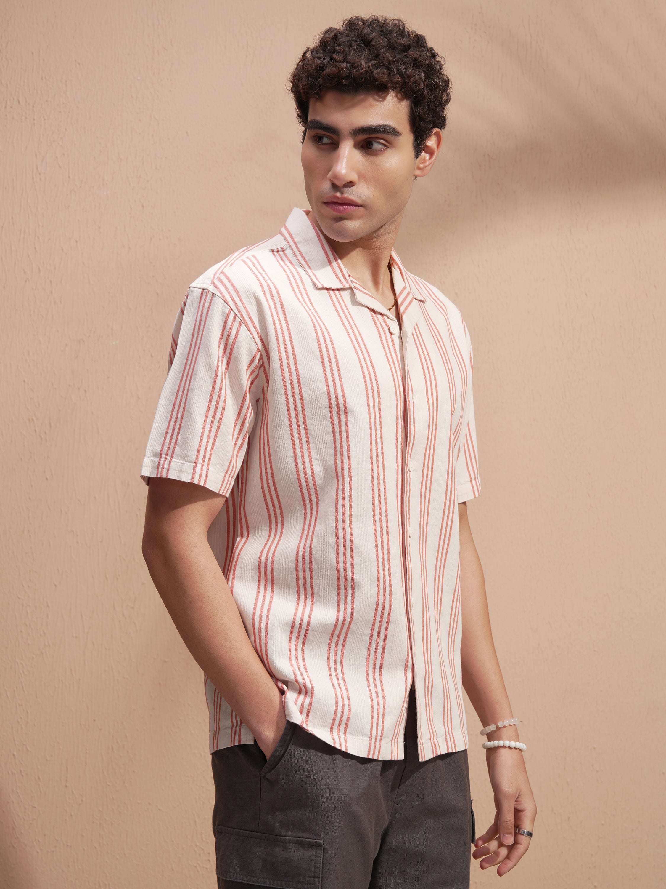 Highlander Men Cream Striped Relaxed Fit Casual Shirt - Cream - Image 6