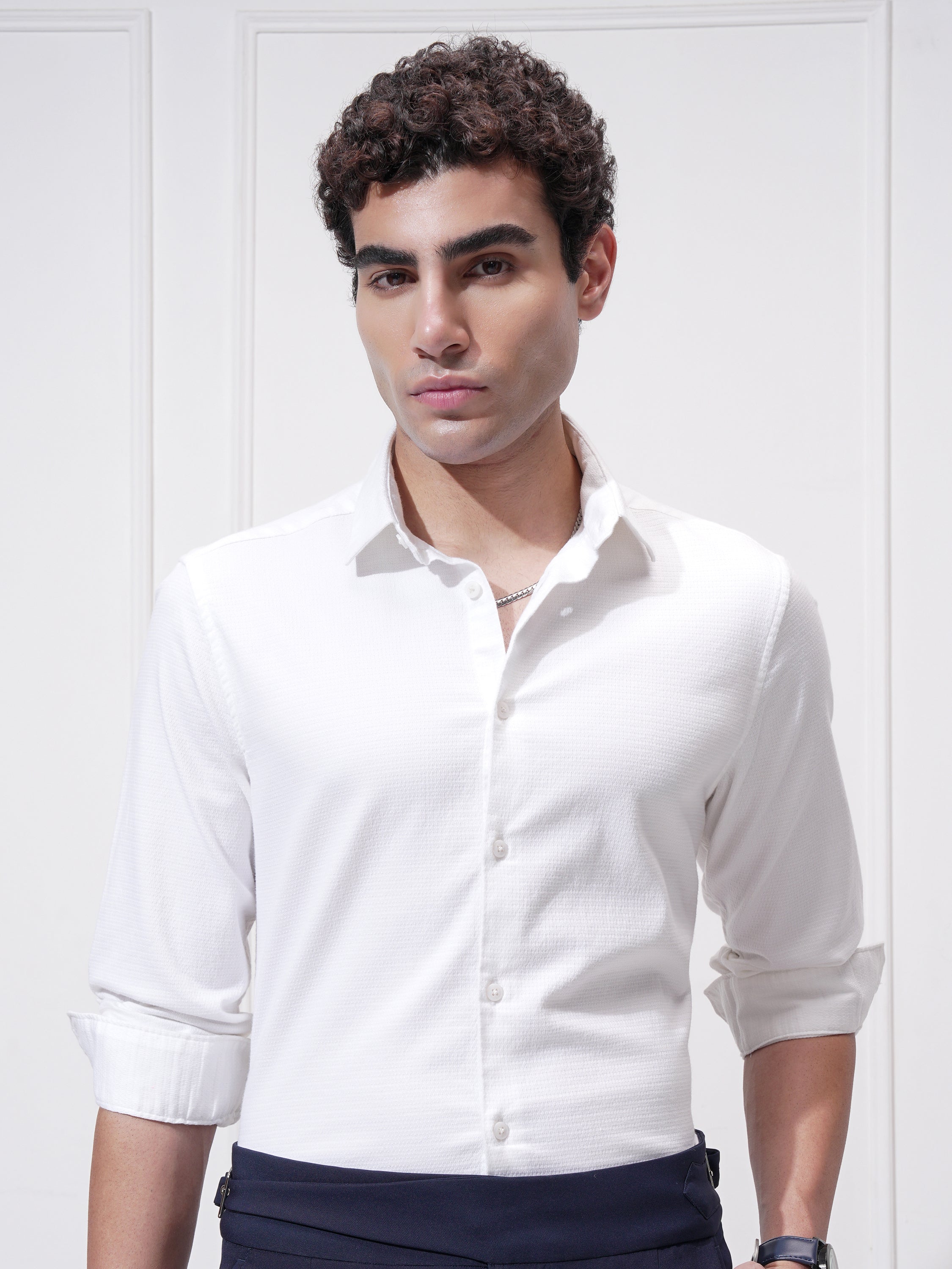 Highlander Men White Self Design Slim Fit Casual Shirt - White - Image 1