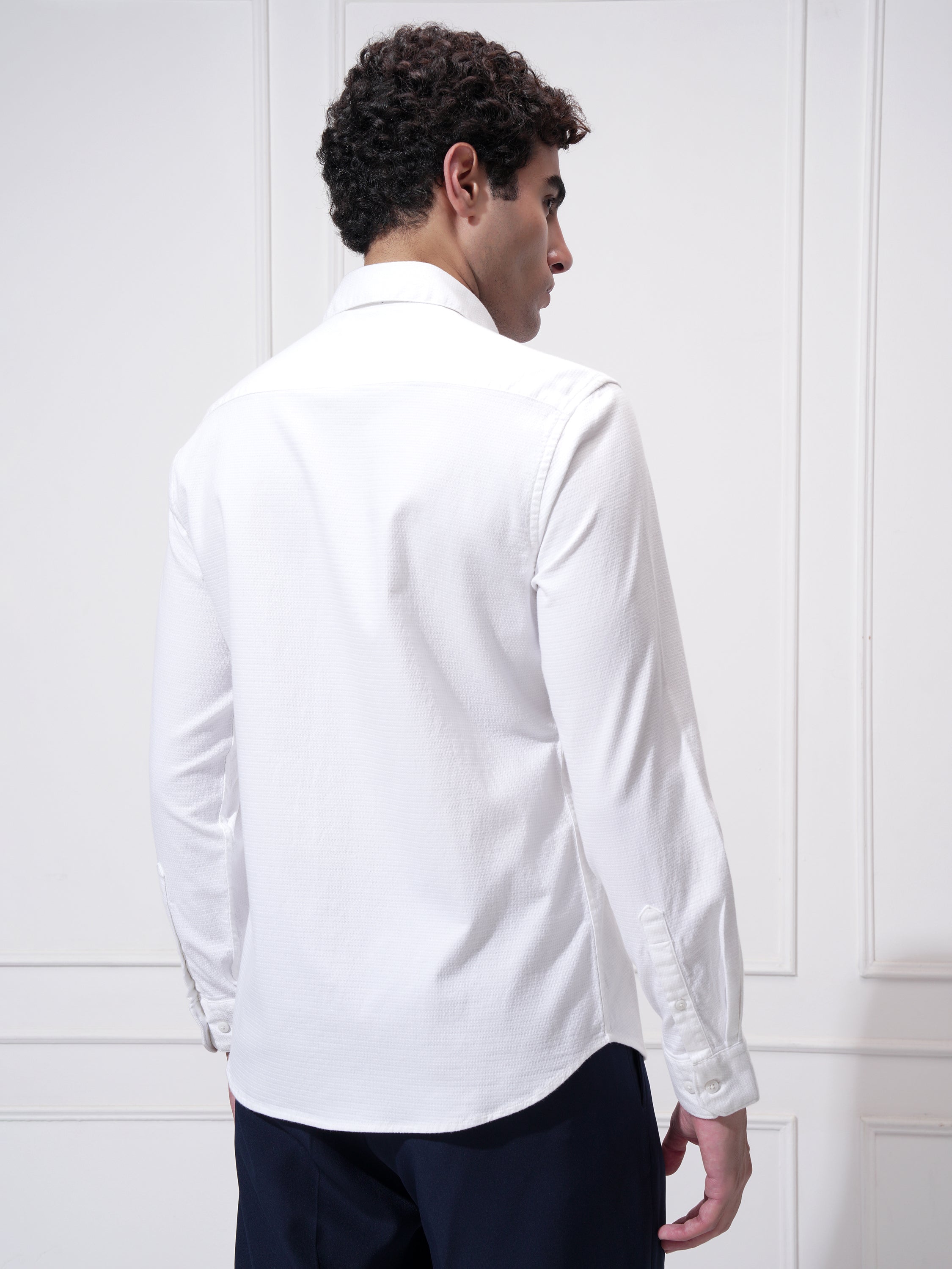Highlander Men White Self Design Slim Fit Casual Shirt - White - Image 3