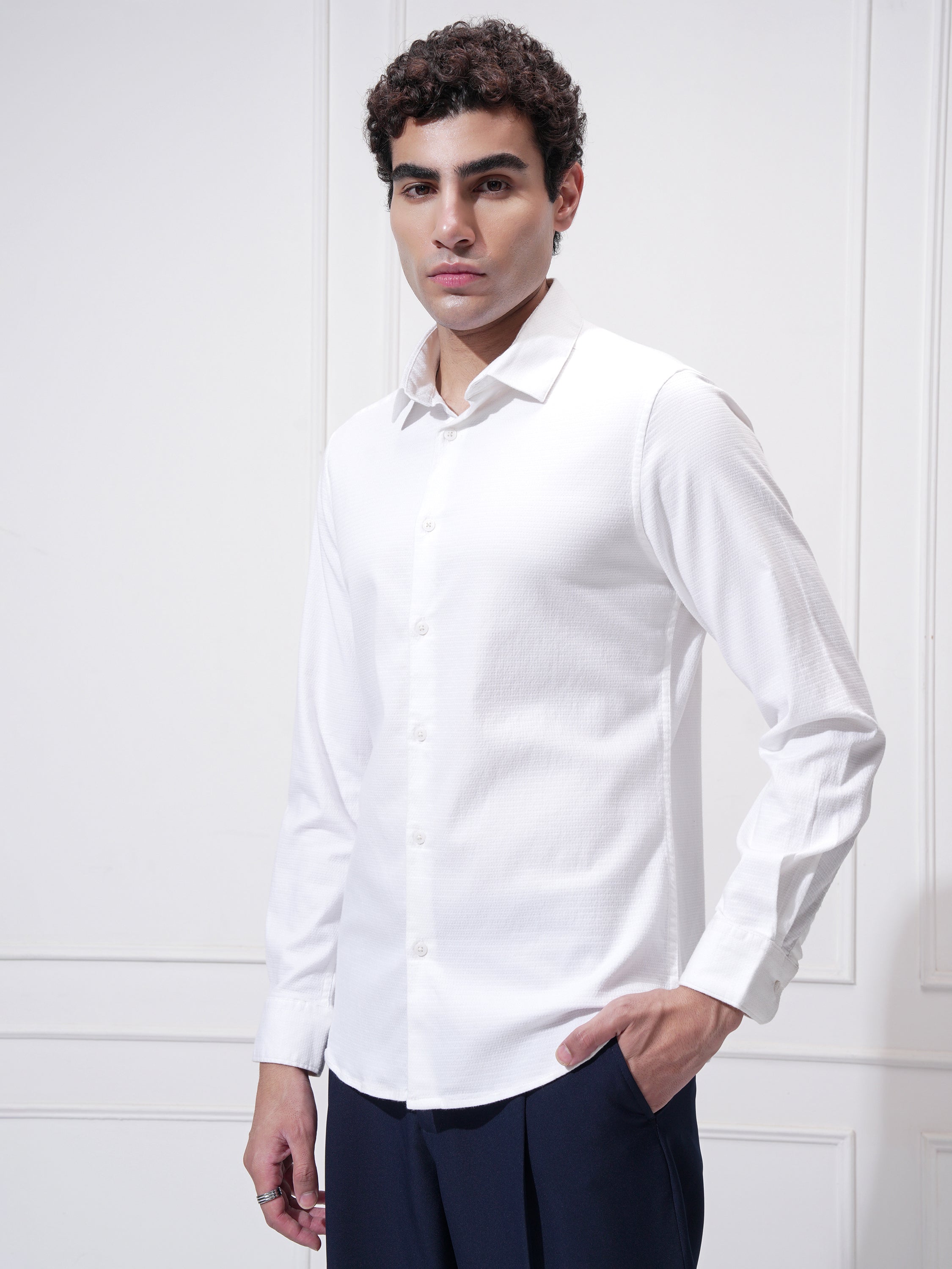 Highlander Men White Self Design Slim Fit Casual Shirt - White - Image 4