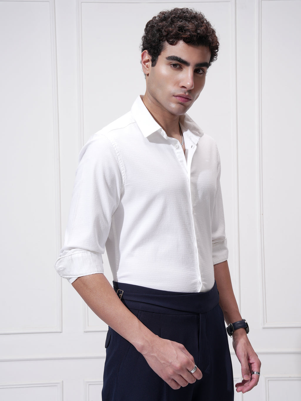 Highlander Men White Self Design Slim Fit Casual Shirt - White - Image 6