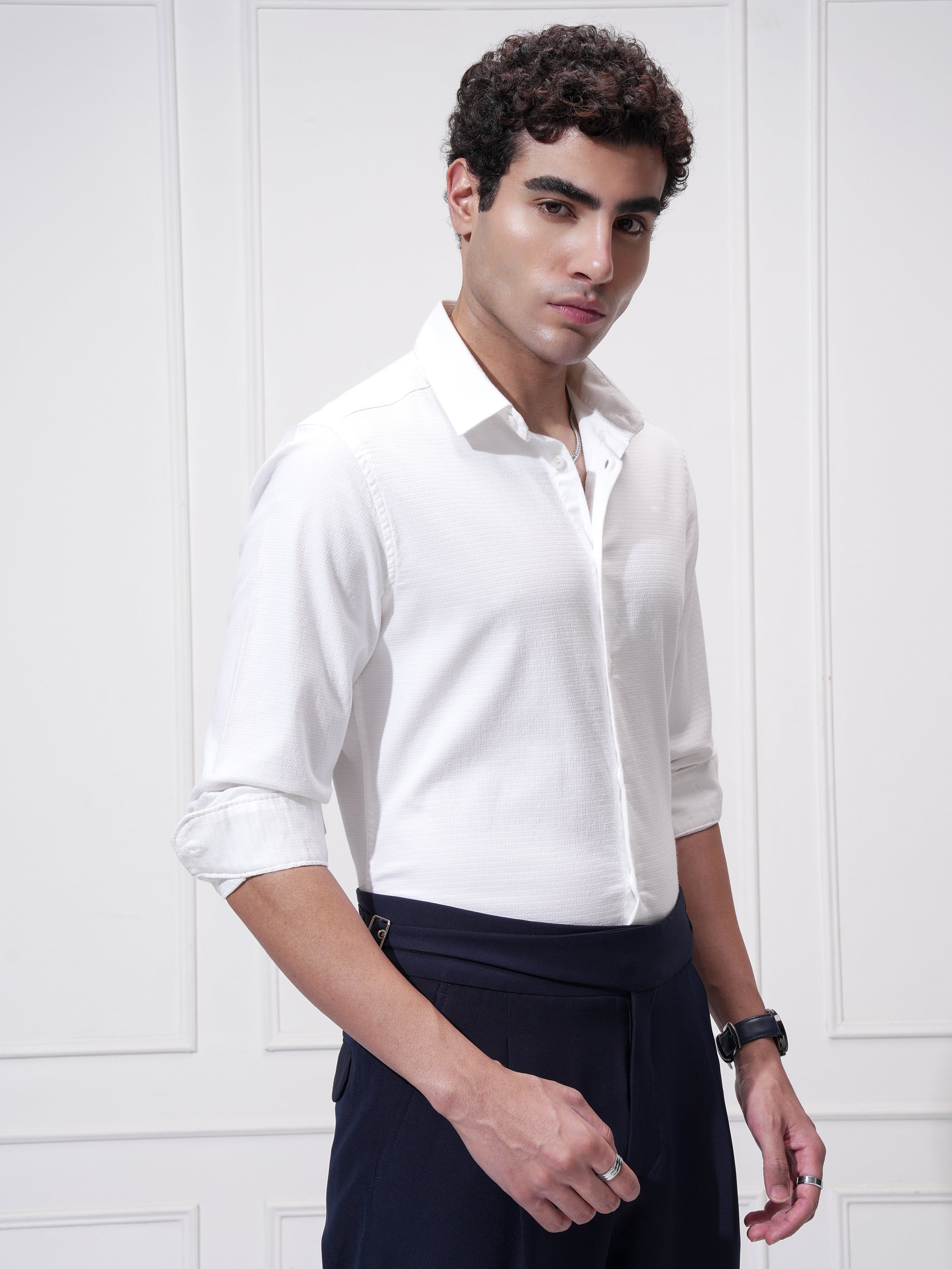 Highlander Men White Self Design Slim Fit Casual Shirt - White - Image 6