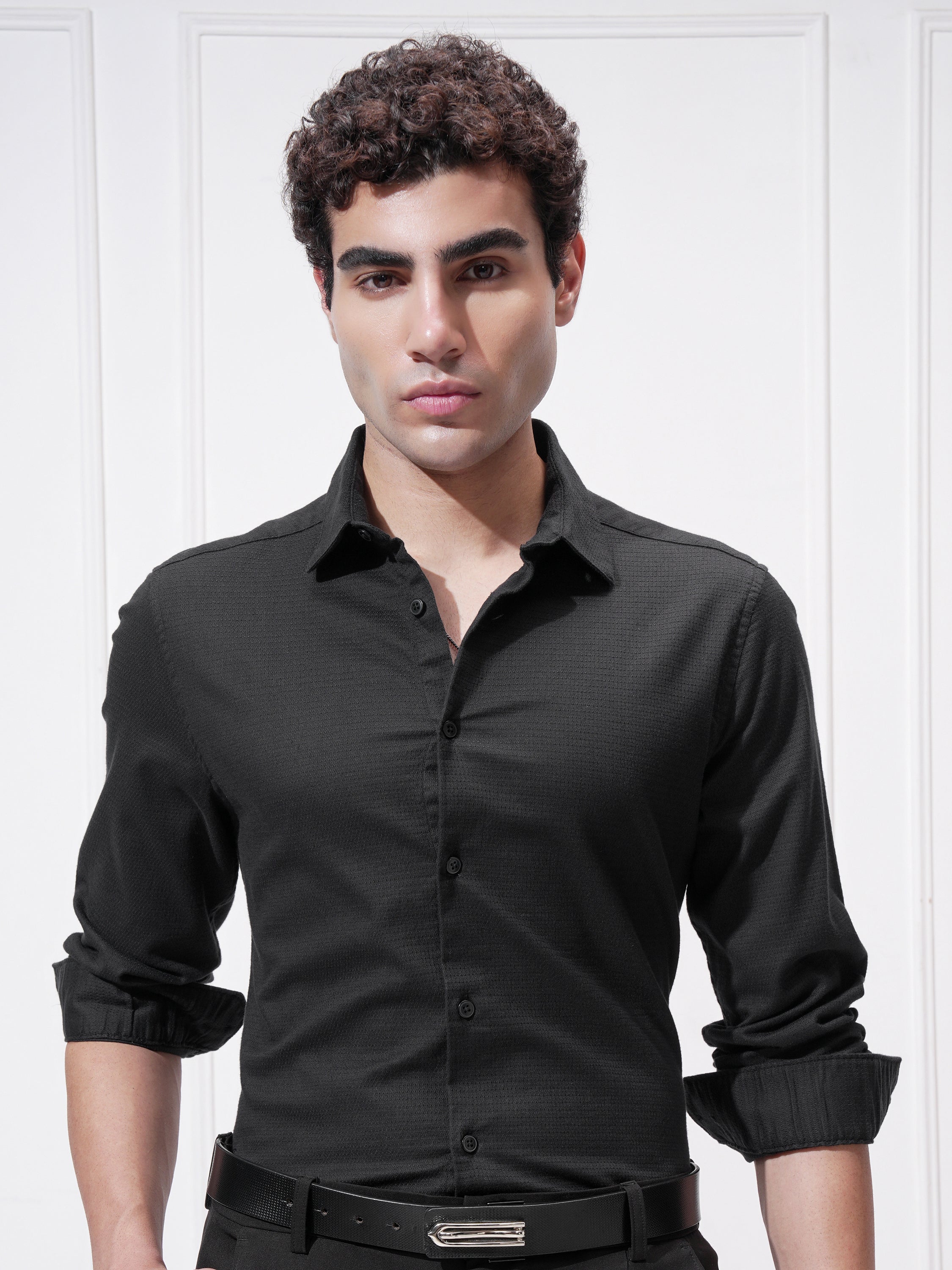 Highlander Men Black Self Design Slim Fit Casual Shirt - Black - Image 1