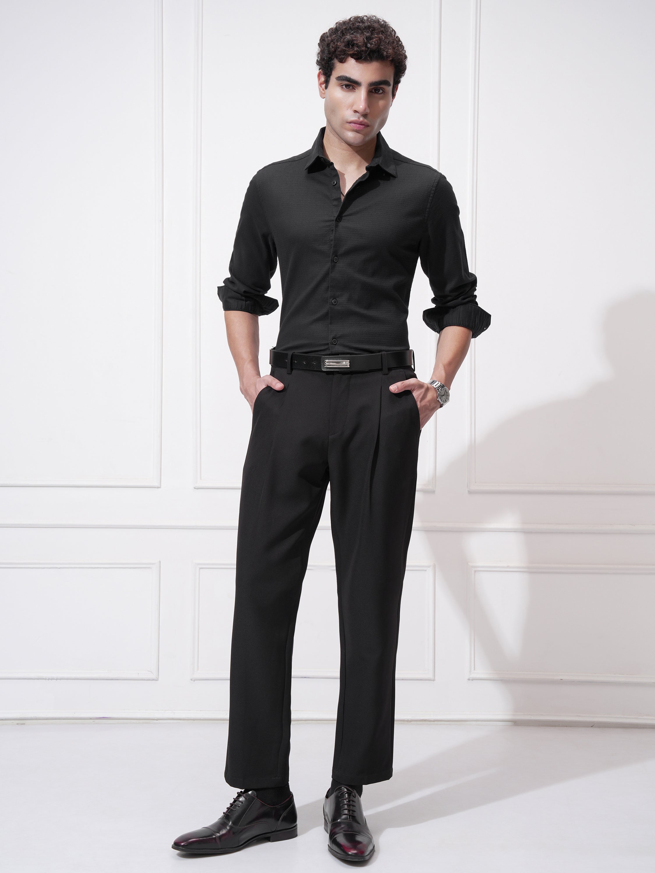 Highlander Men Black Self Design Slim Fit Casual Shirt - Black - Image 2