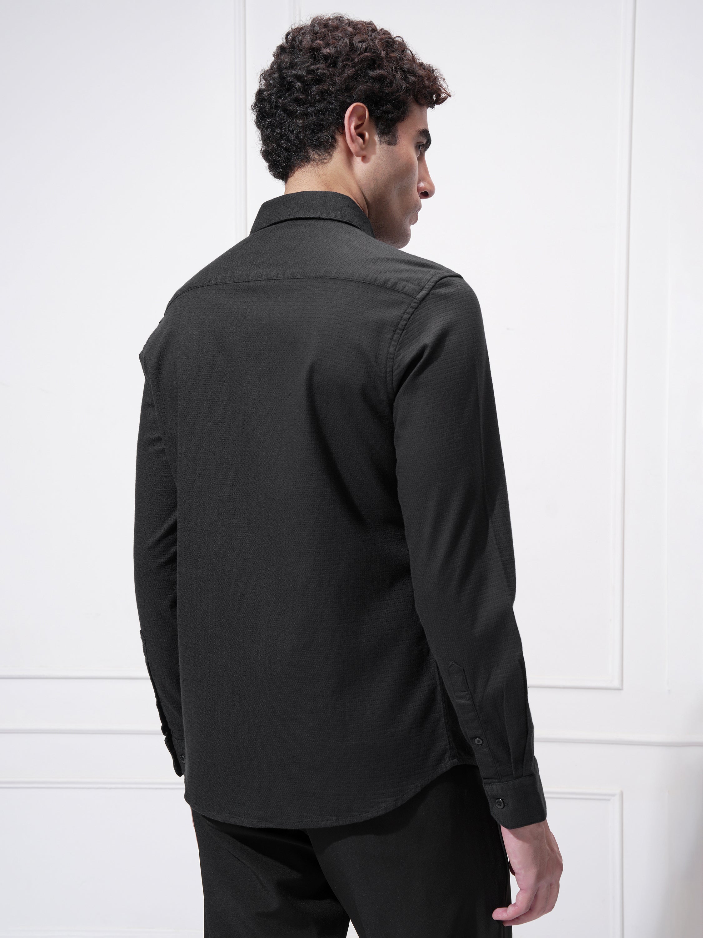 Highlander Men Black Self Design Slim Fit Casual Shirt - Black - Image 3