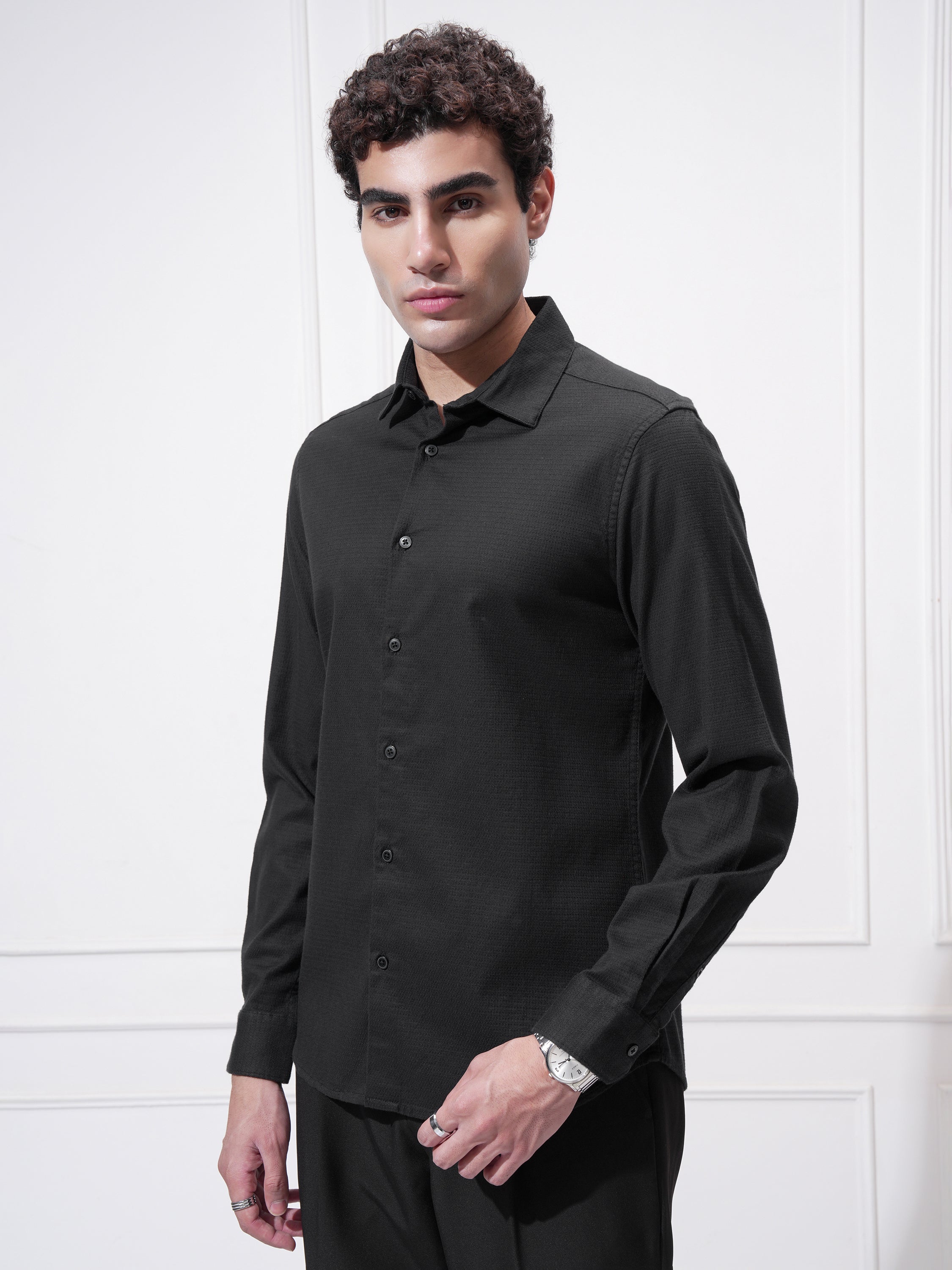 Highlander Men Black Self Design Slim Fit Casual Shirt - Black - Image 4