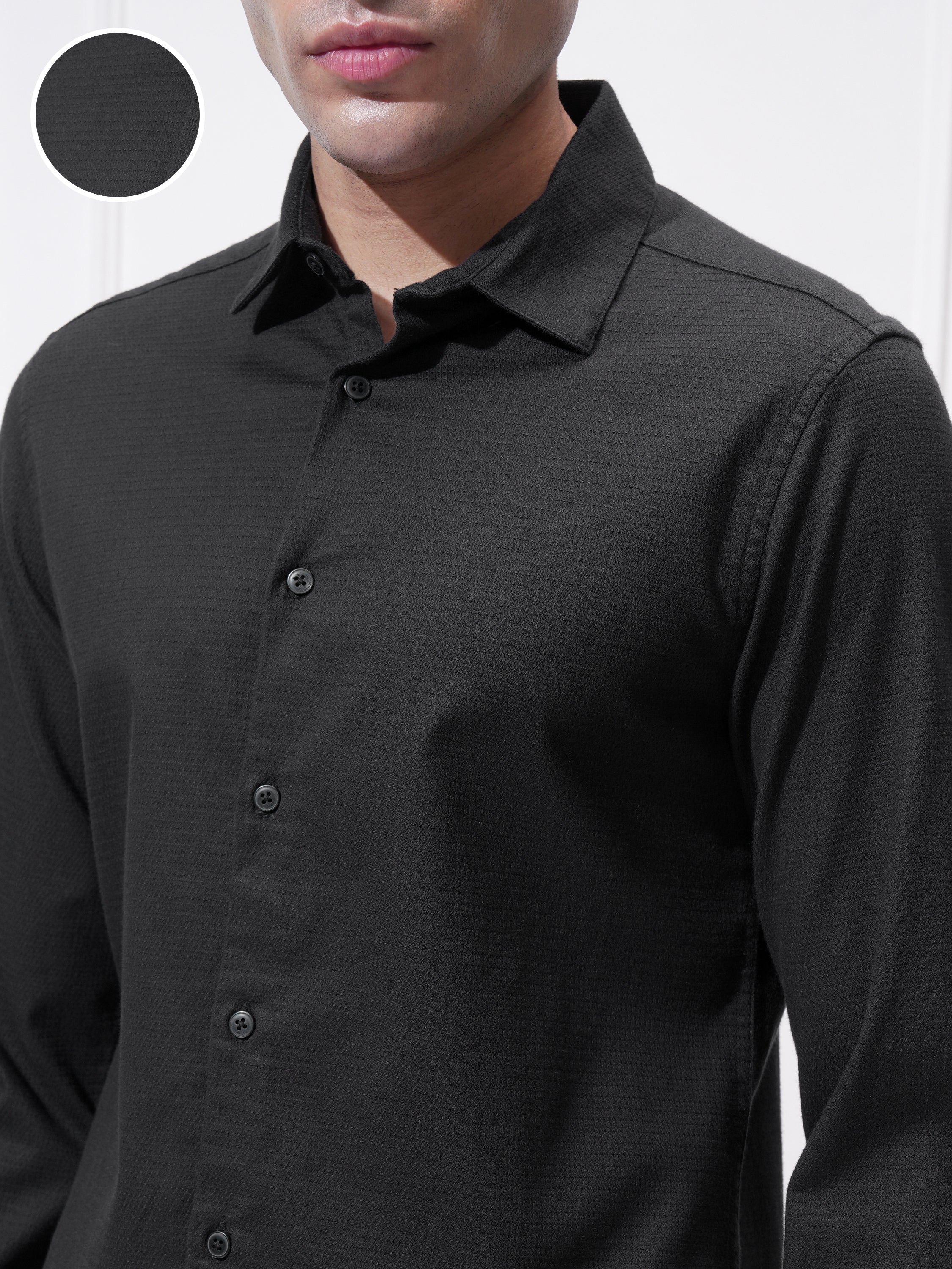 Highlander Men Black Self Design Slim Fit Casual Shirt - Black - Image 5