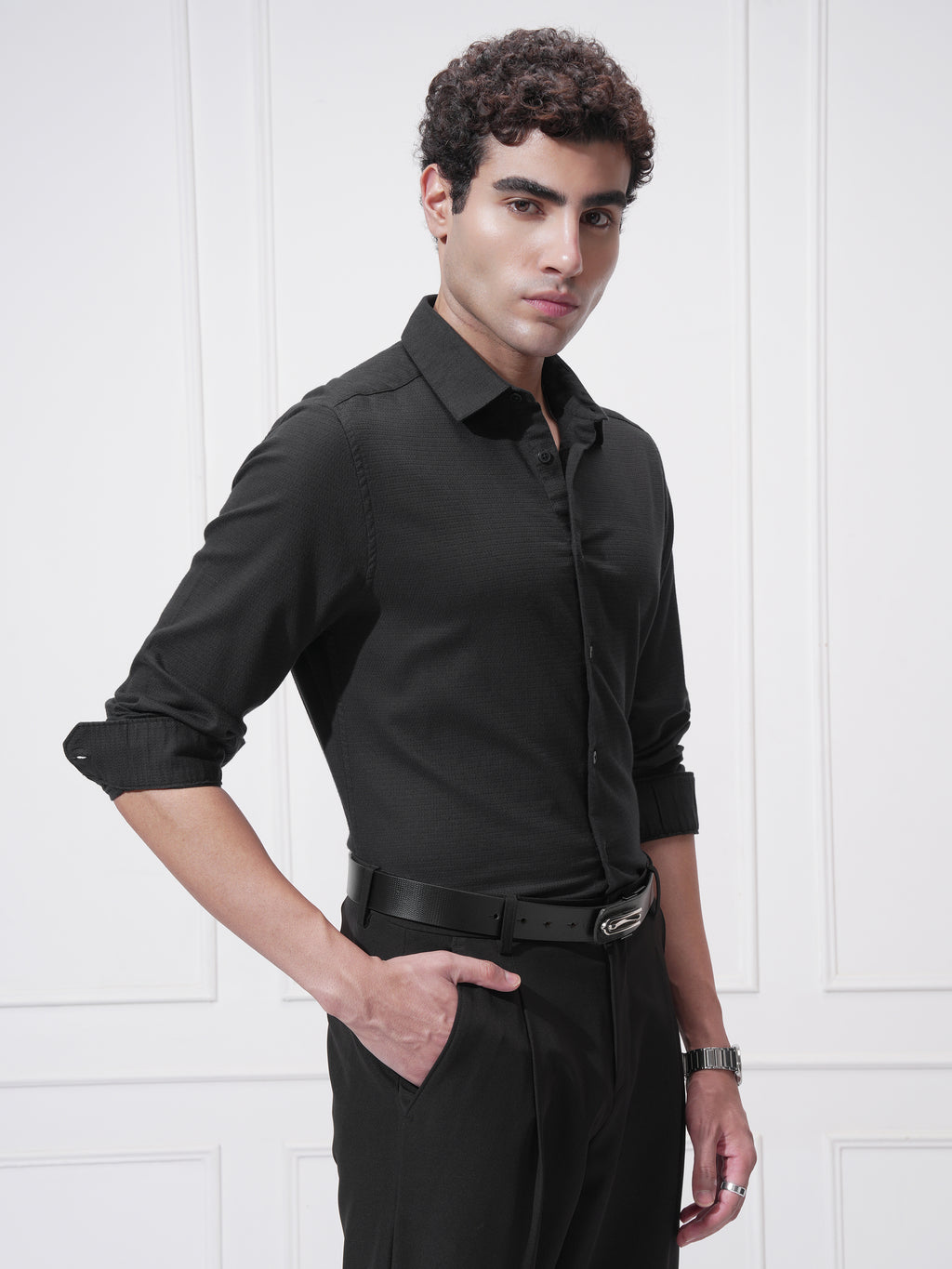 Highlander Men Black Self Design Slim Fit Casual Shirt - Black - Image 6