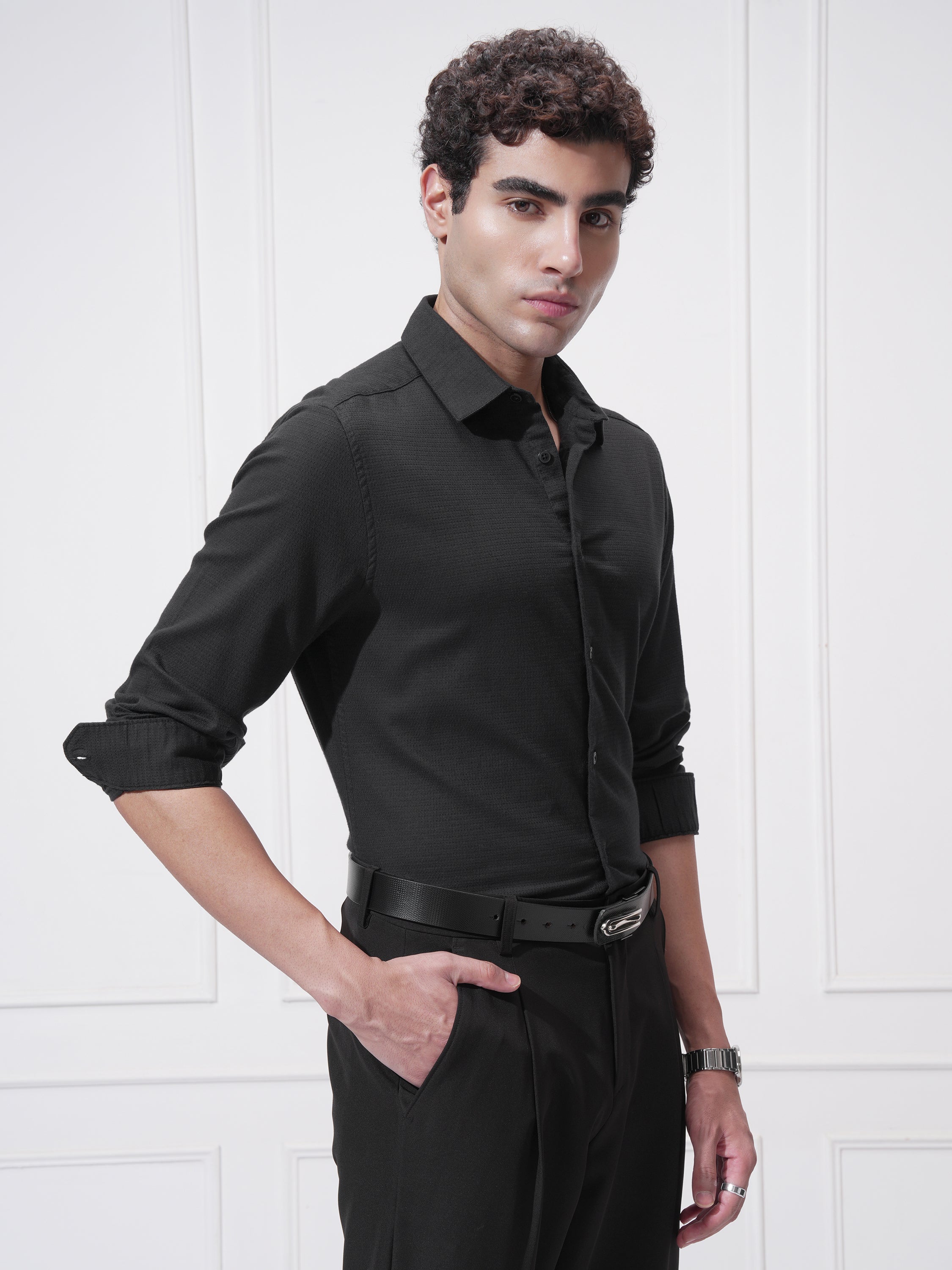 Highlander Men Black Self Design Slim Fit Casual Shirt - Black - Image 6