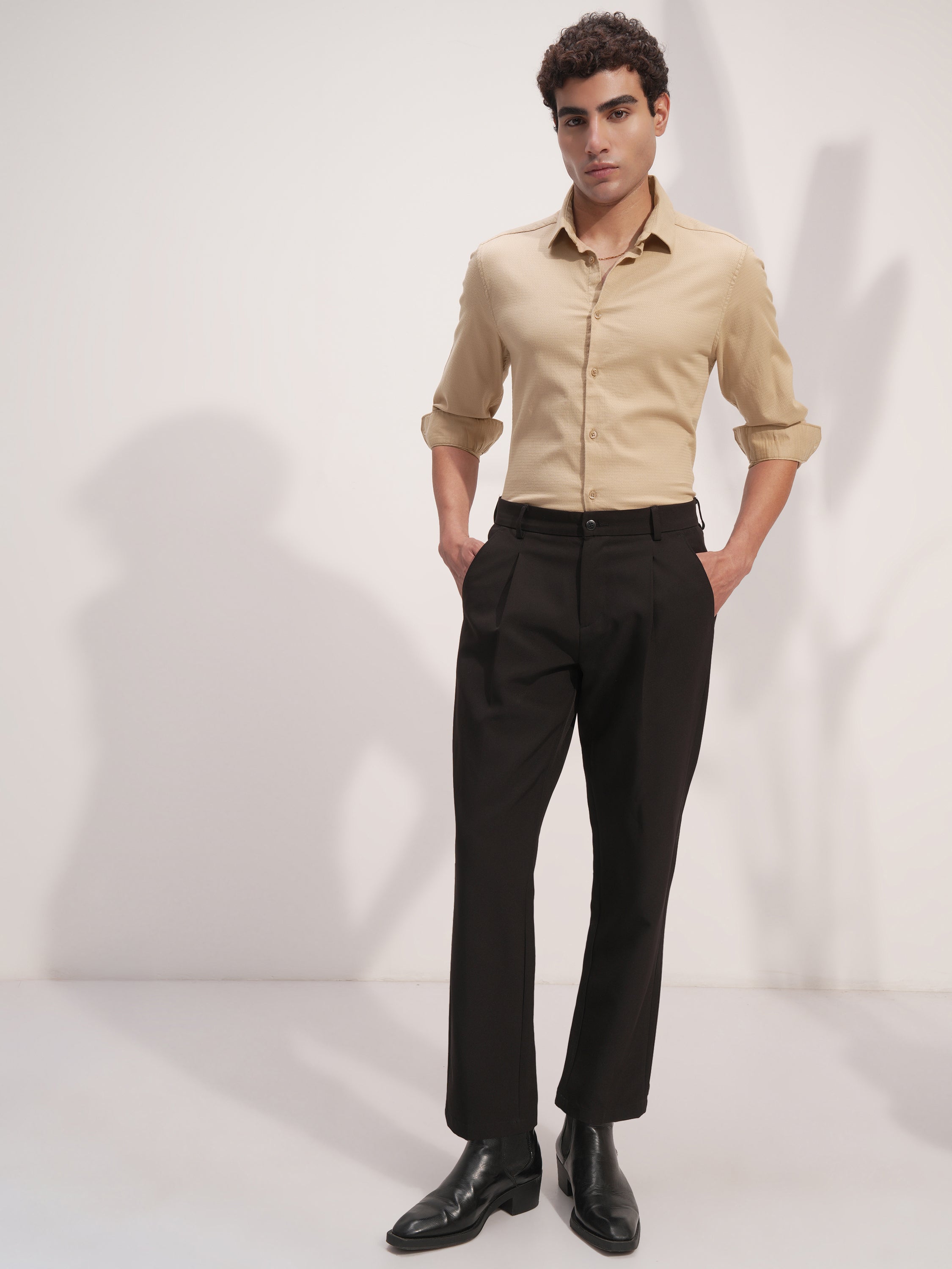 Highlander Men Beige Self Design Slim Fit Casual Shirt - Beige - Image 2