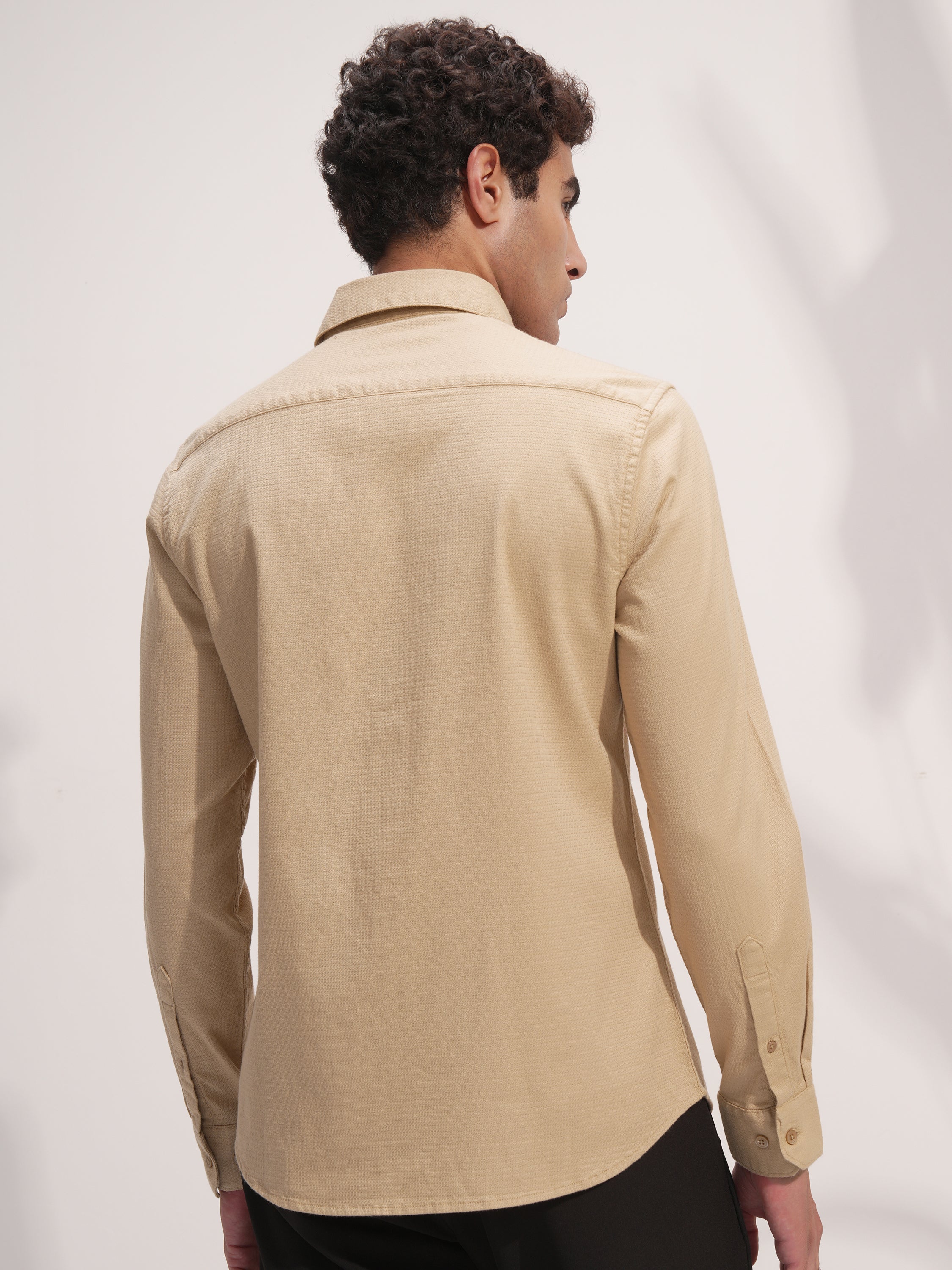 Highlander Men Beige Self Design Slim Fit Casual Shirt - Beige - Image 3