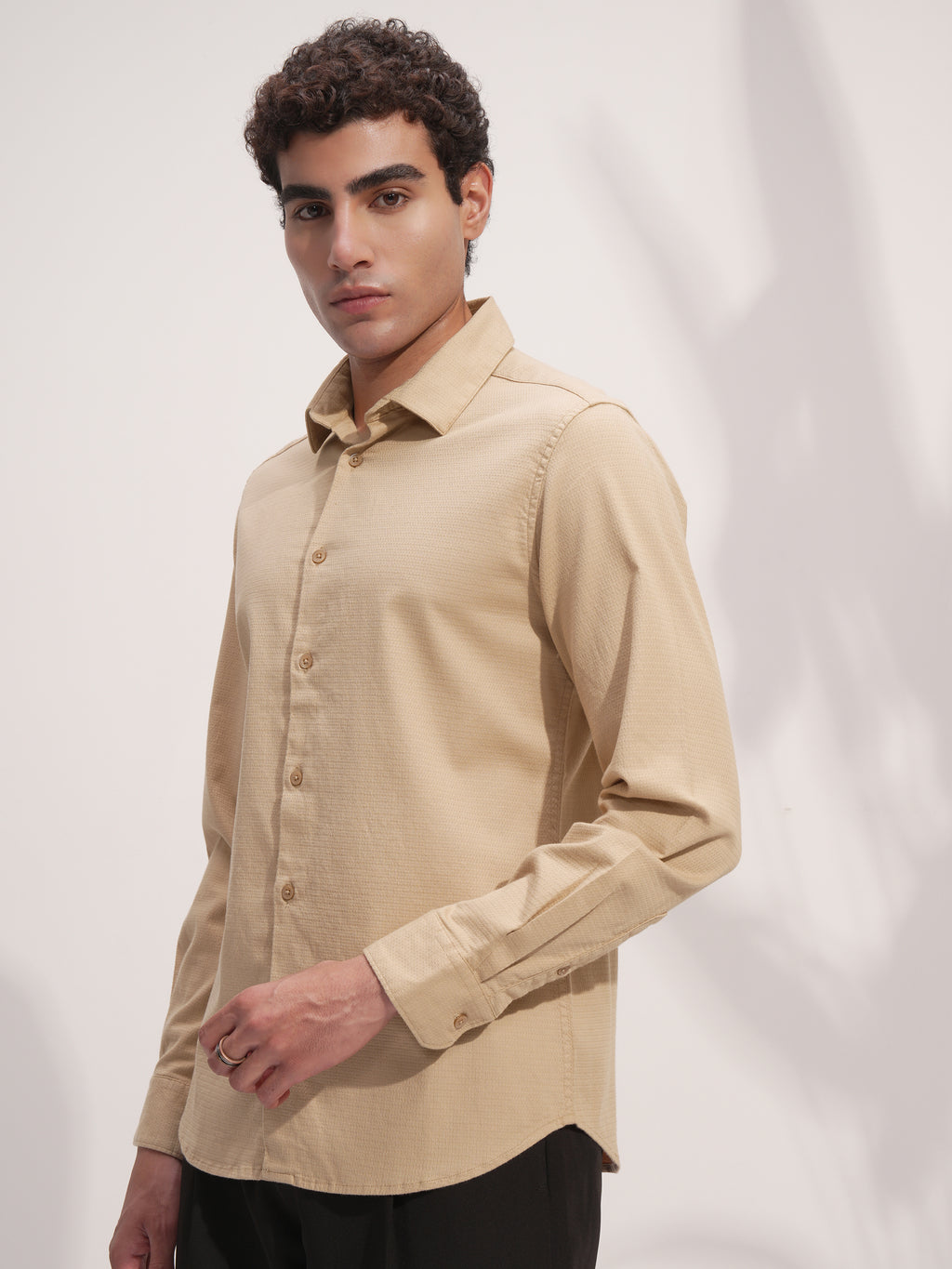 Highlander Men Beige Self Design Slim Fit Casual Shirt - Beige - Image 4