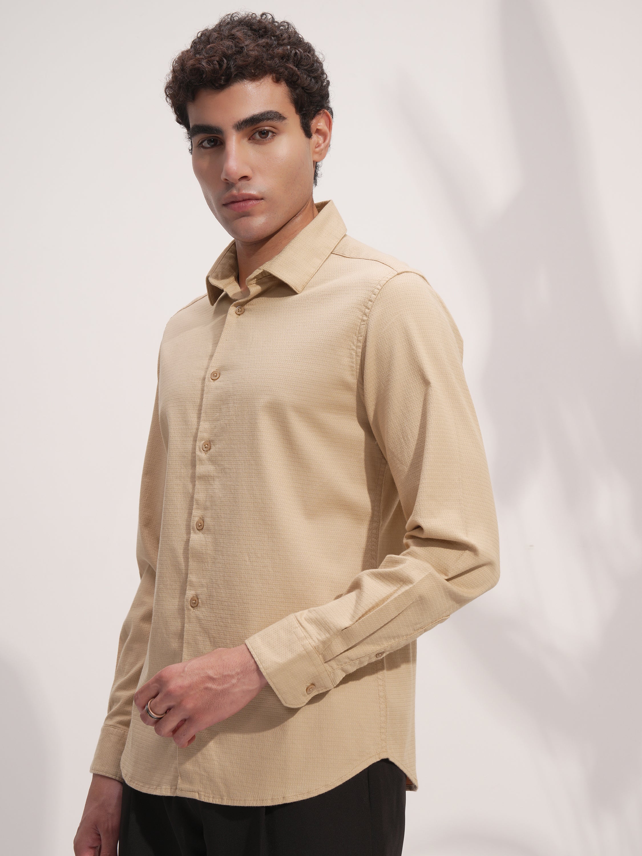 Highlander Men Beige Self Design Slim Fit Casual Shirt - Beige - Image 4