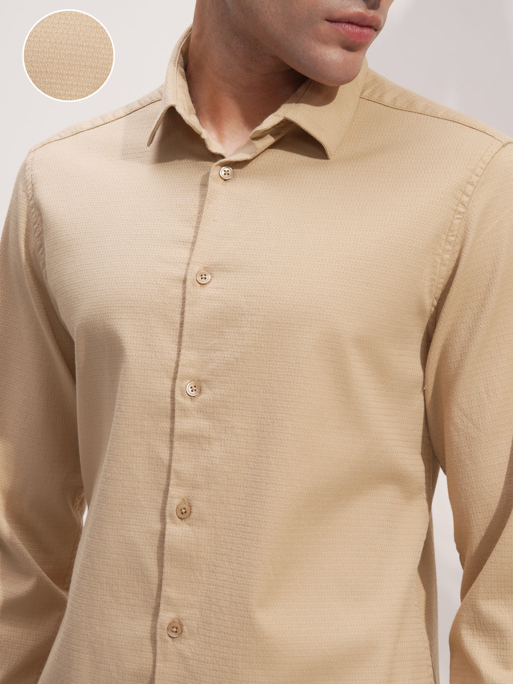 Highlander Men Beige Self Design Slim Fit Casual Shirt - Beige - Image 5