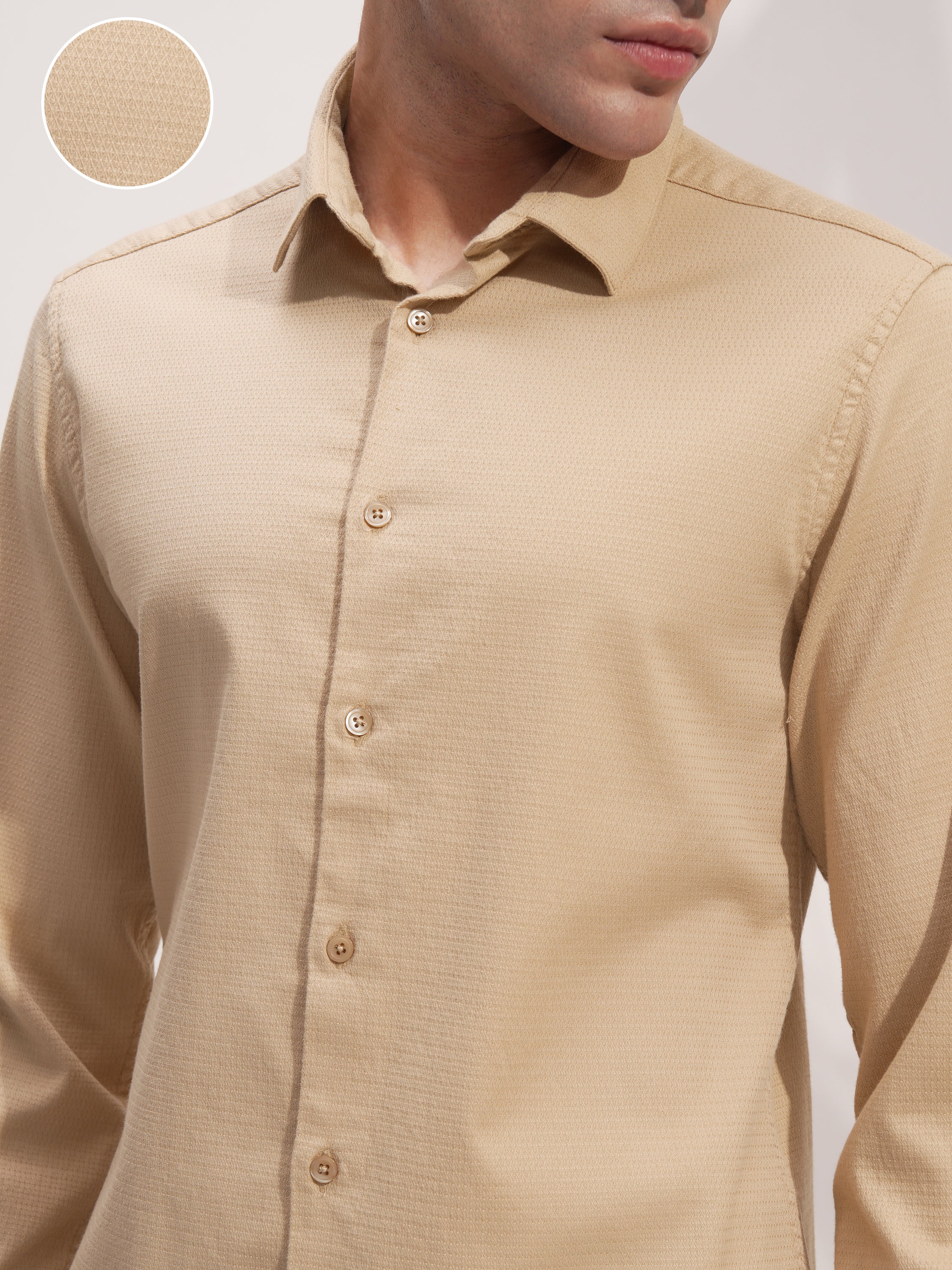 Highlander Men Beige Self Design Slim Fit Casual Shirt - Beige - Image 5