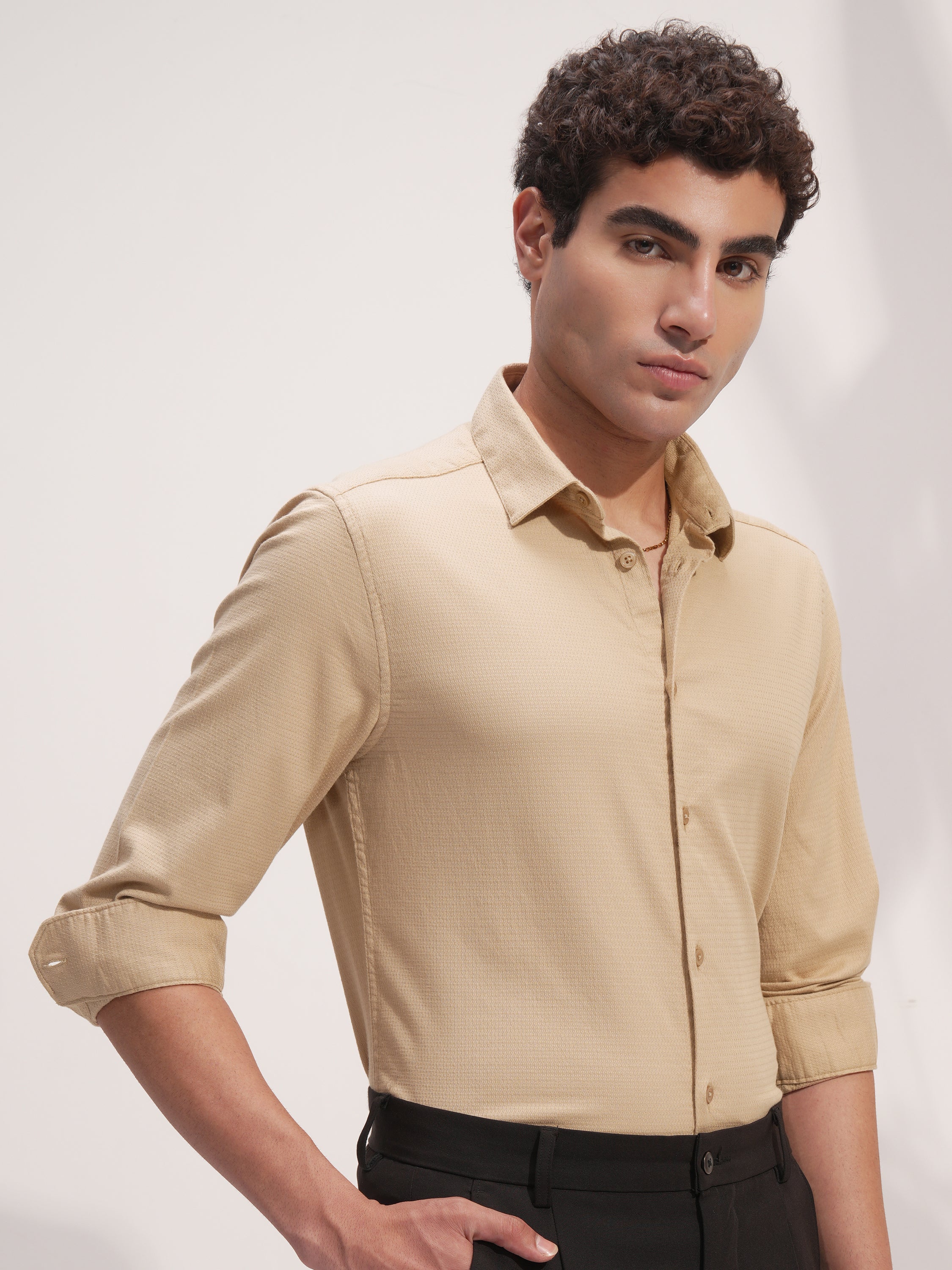 Highlander Men Beige Self Design Slim Fit Casual Shirt - Beige - Image 6