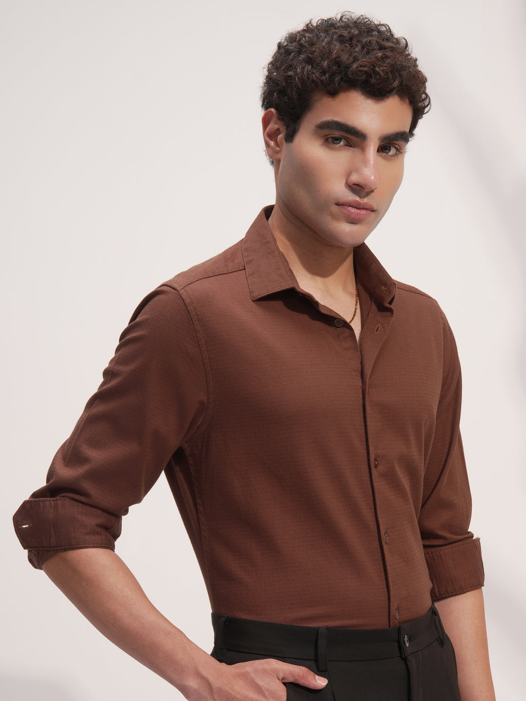 Highlander Men Brown Self Design Slim Fit Casual Shirt - Brown - Image 6