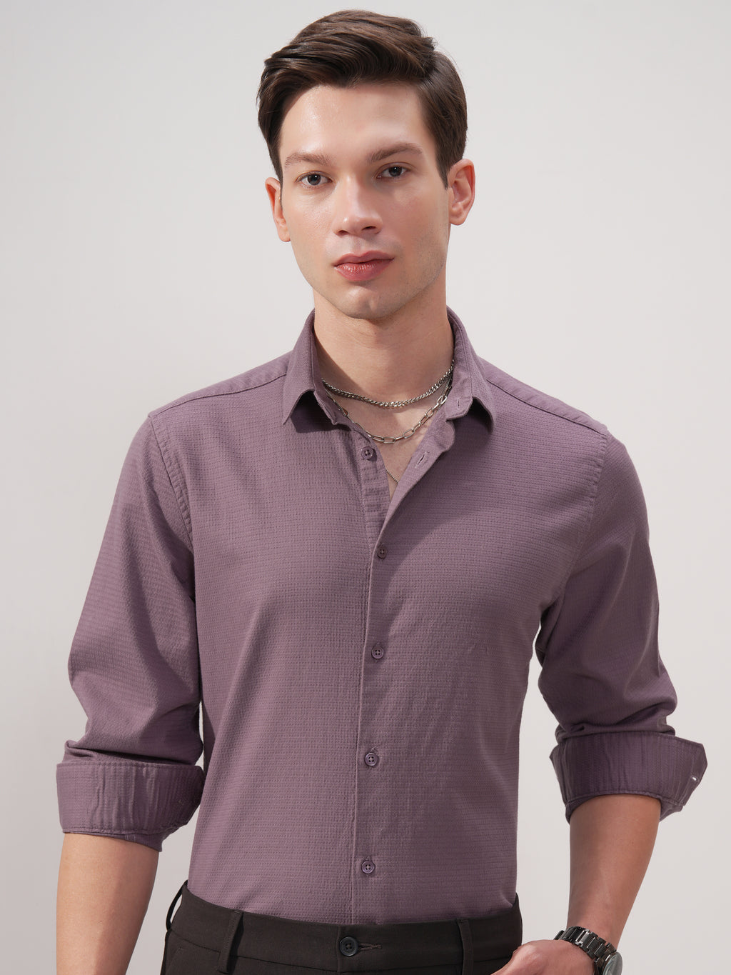 Highlander Men Purple Self Design Slim Fit Casual Shirt - Purple - Image 1