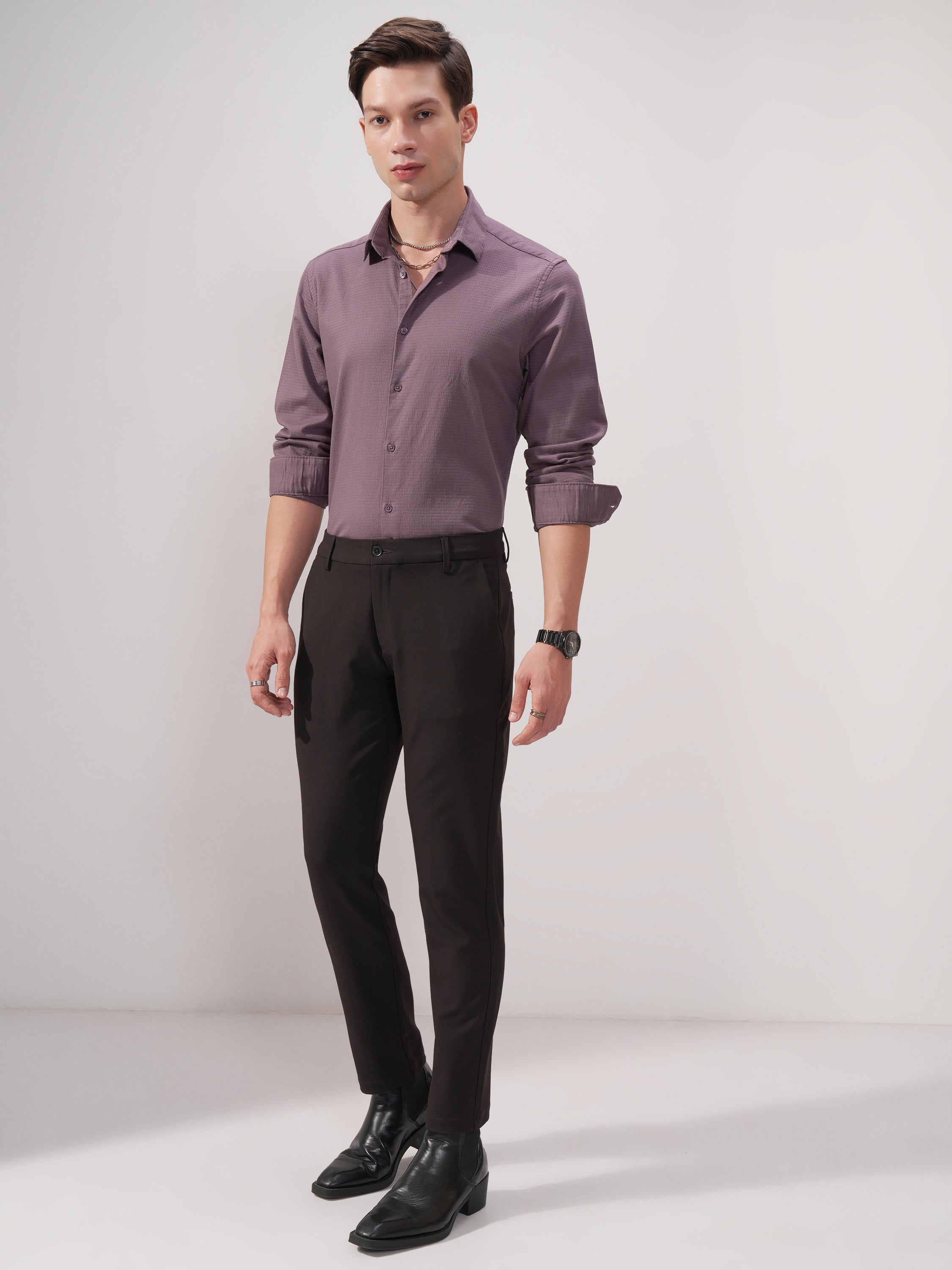Highlander Men Purple Self Design Slim Fit Casual Shirt - Purple - Image 2